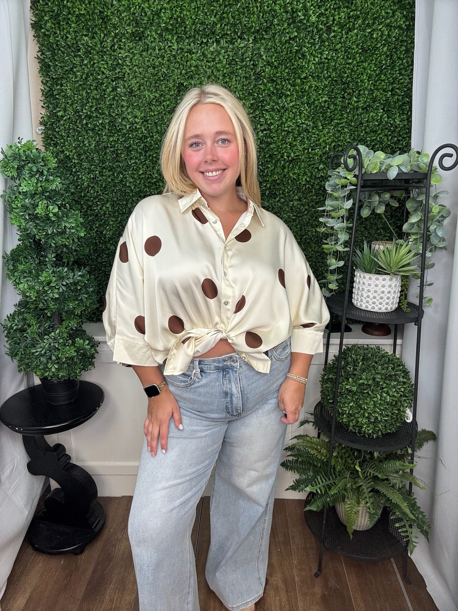 POLKA DOT BUTTON FRONT BLOUSE - BURGUNDY/CREAM