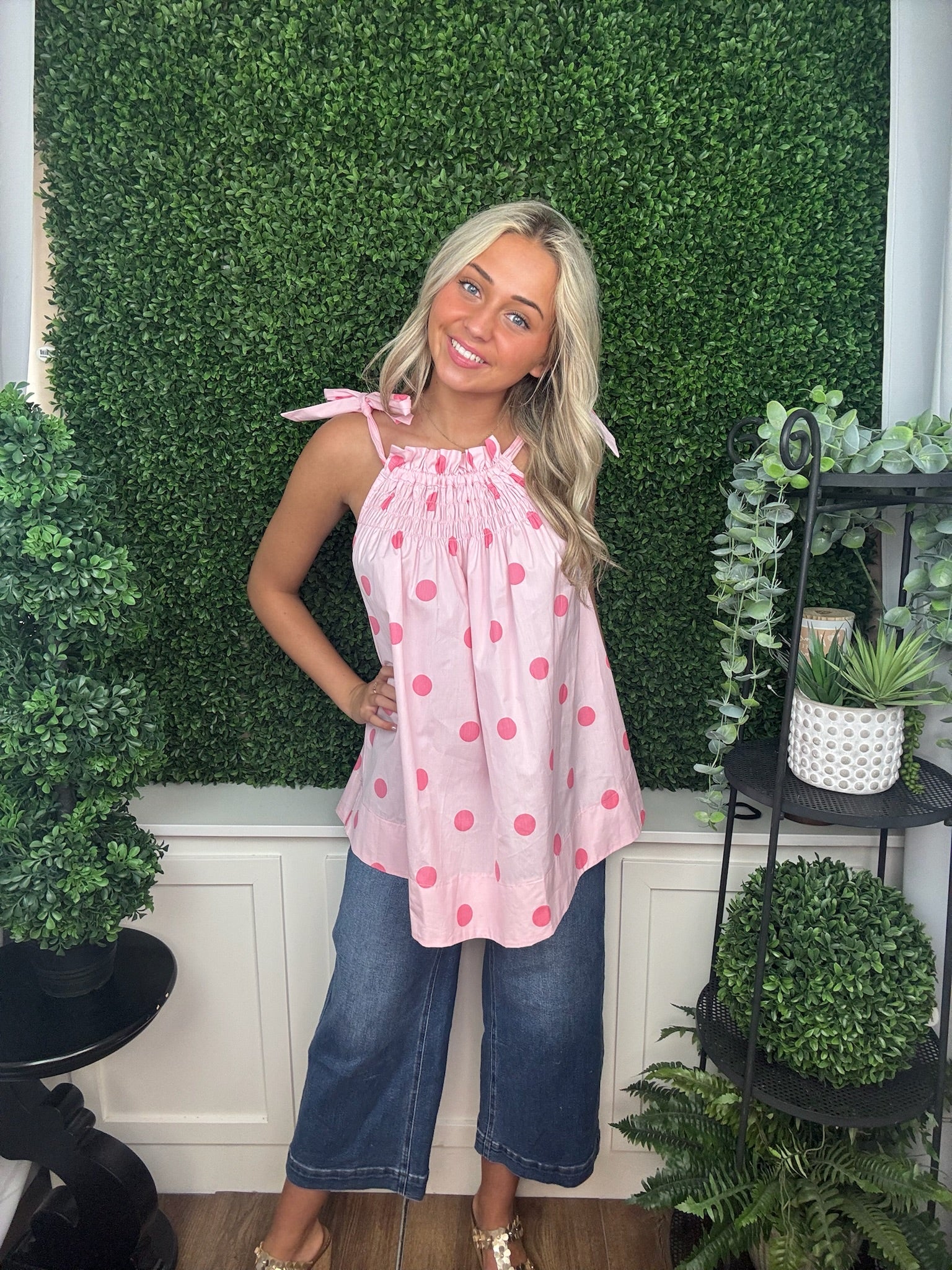 Sweet Dot Smocked Tie-Shoulder Top