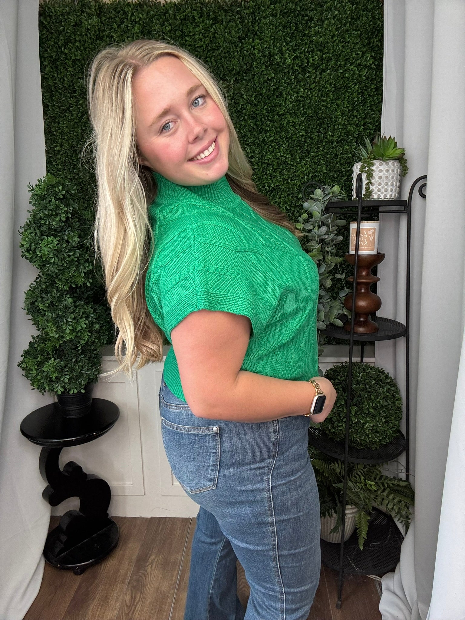 DIAMOND/CABLE KNIT CAP SLV SWEATER - KELLY GREEN