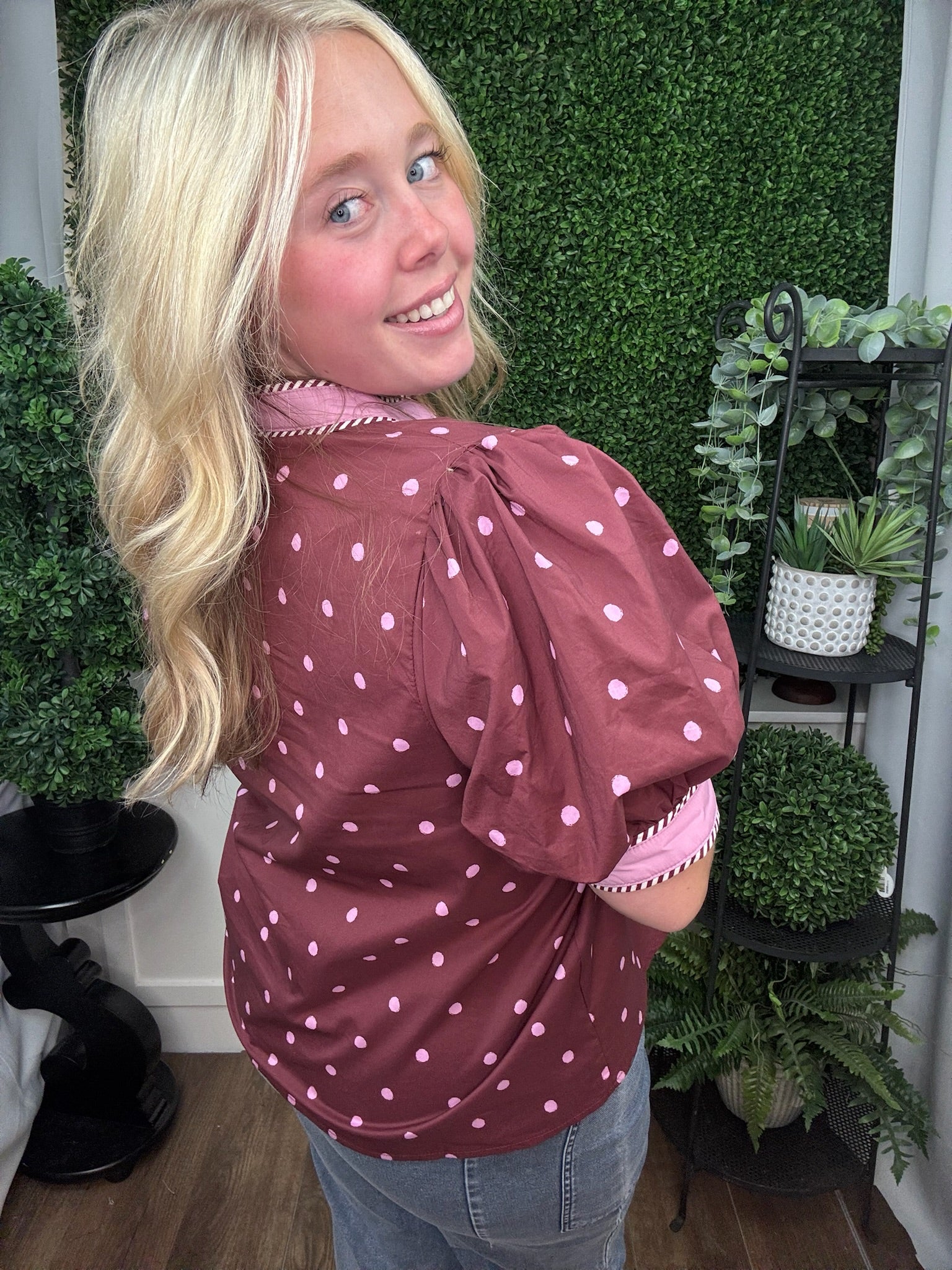 POLKA DOT PUFF SLEEVE BLOUSE - BURGUNDY