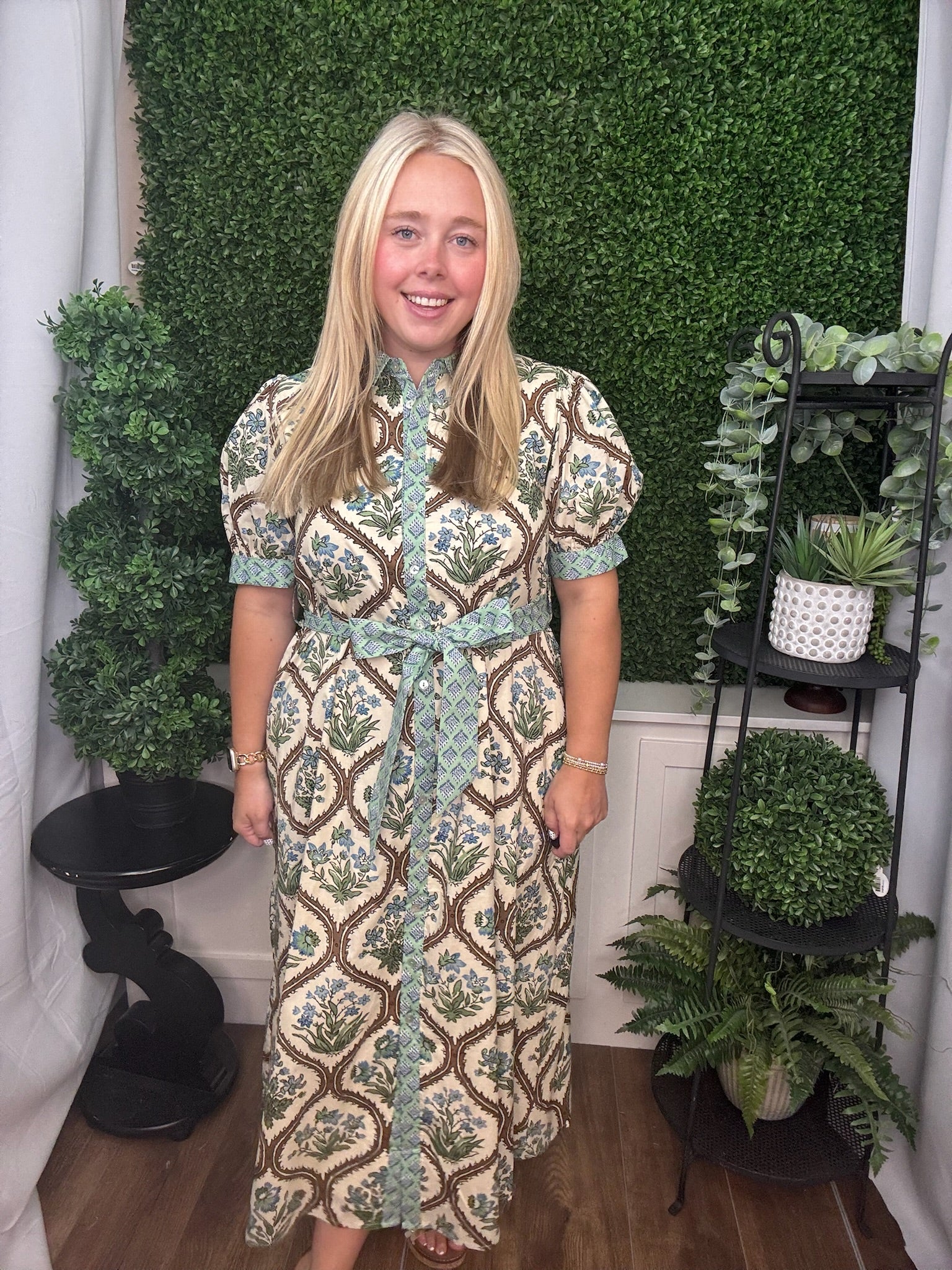 Vintage Floral Belted Shirt Maxi Dress