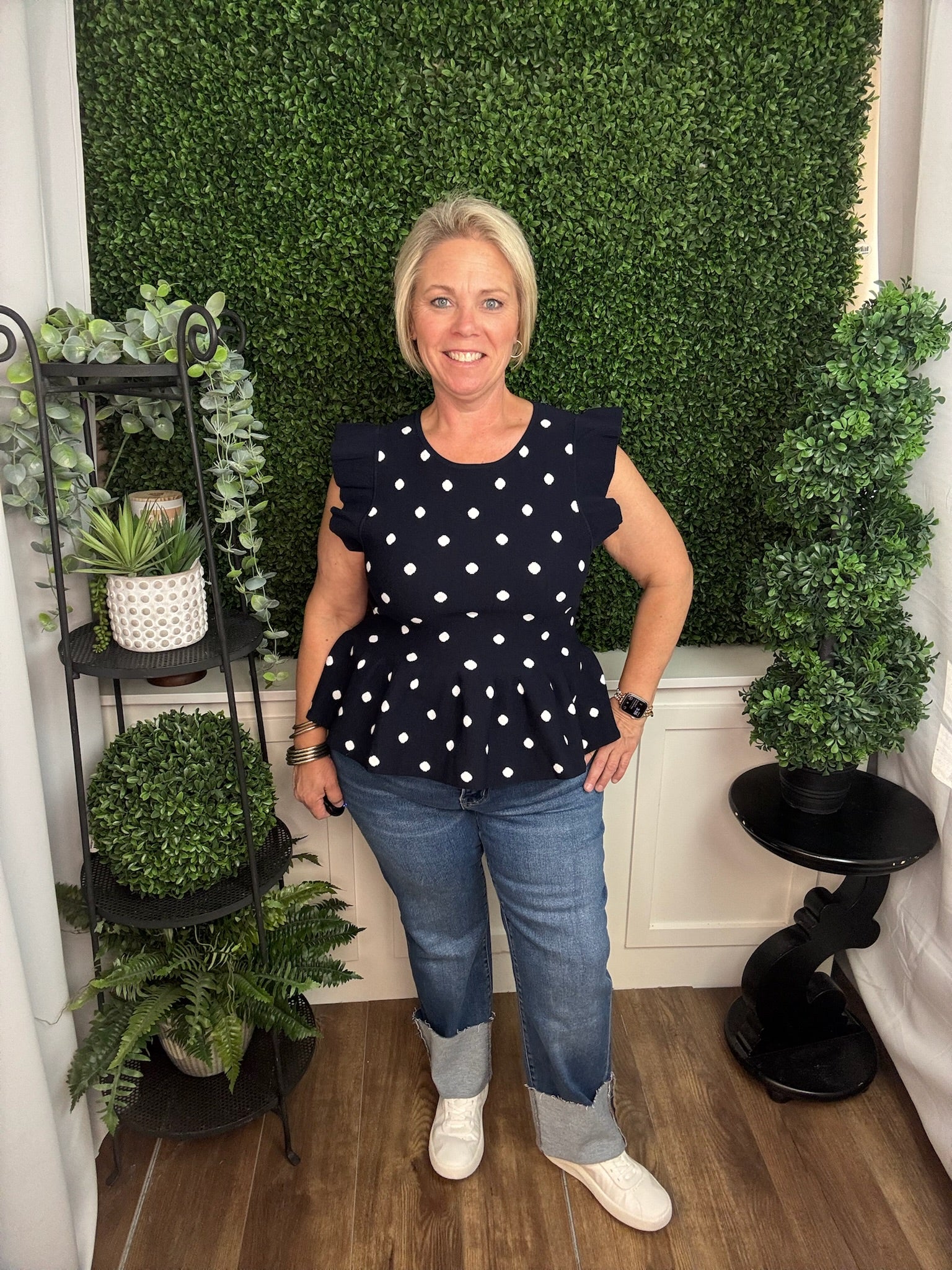 Navy Polka Dot Ruffle Sleeve Peplum Top