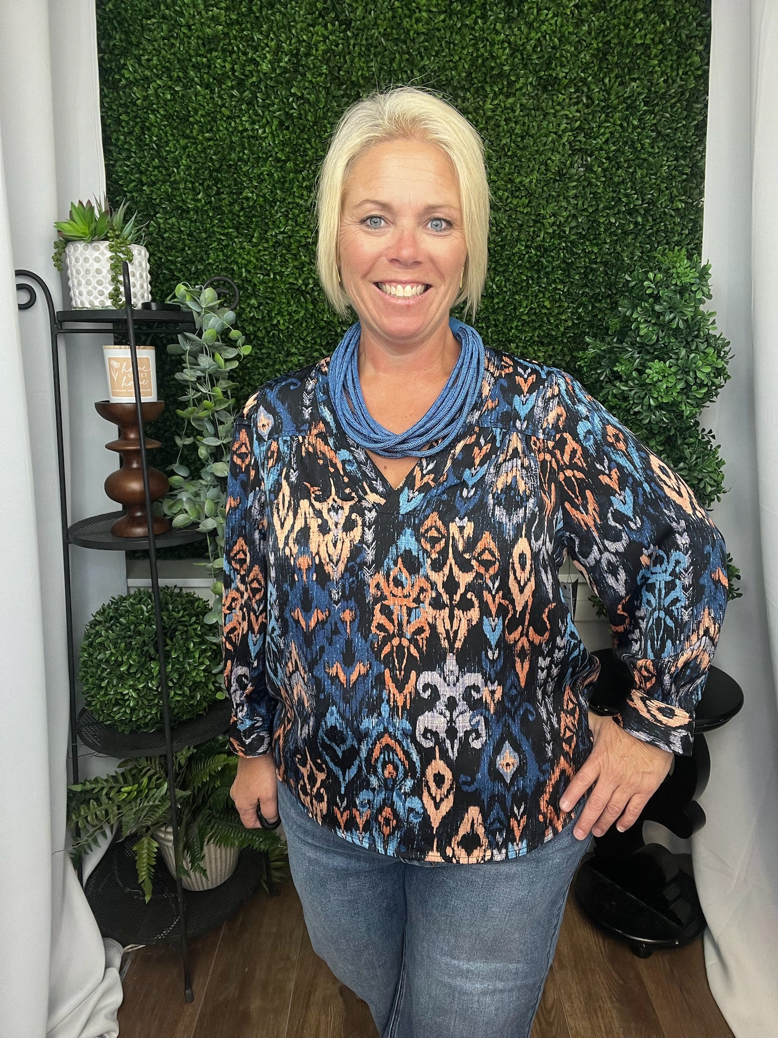 3/4 SLEEVE V-NECK POPOVER WOVEN BLOUSE BLUE MULTI IKAT