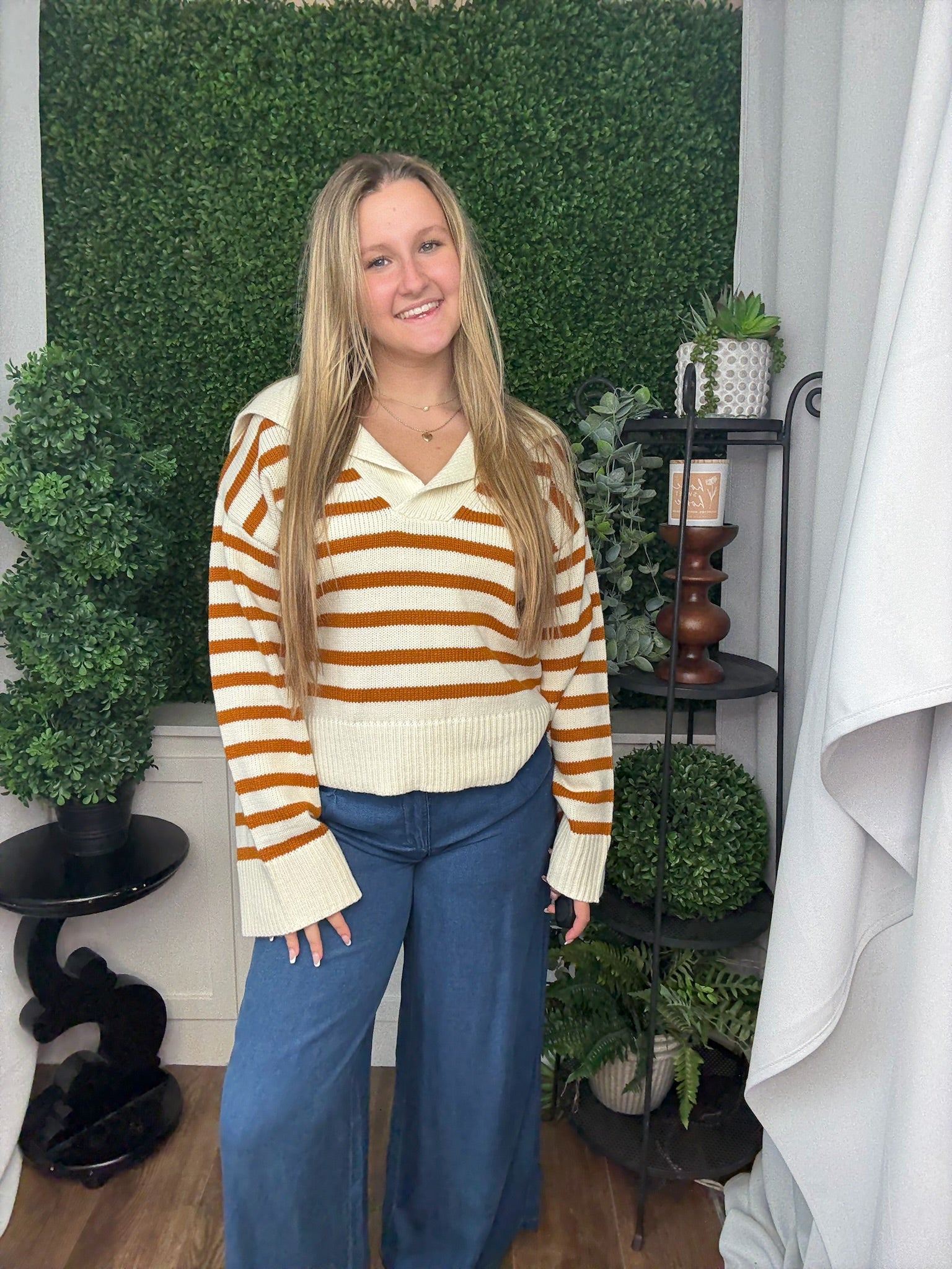 STRIPED KNIT SAILOR COLLAR SWEATER - CREAM/CARAMEL