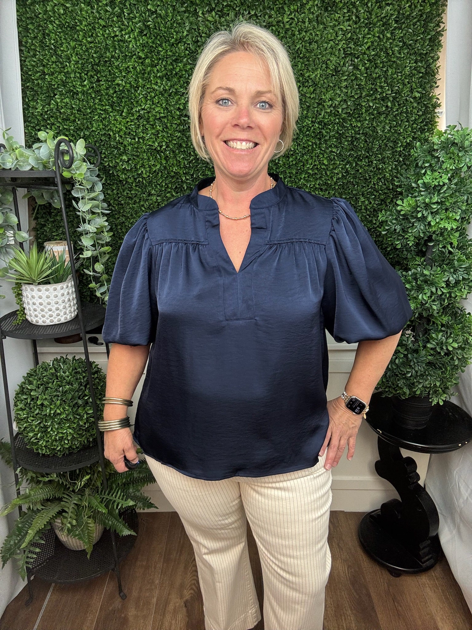 Navy Puff Sleeve Blouse