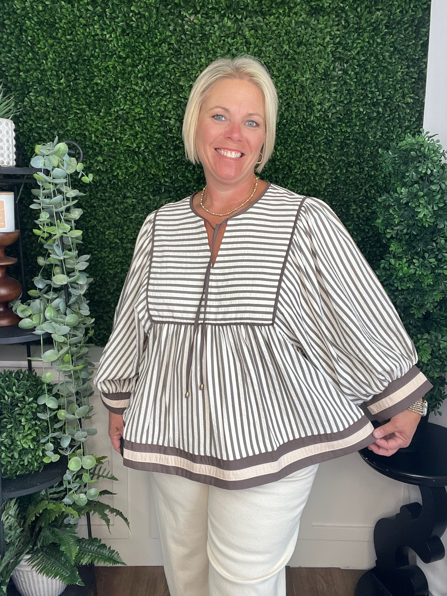 STRIPE PATTERN 3/4 SLEEVE TOP - MOCHA MOUSSE