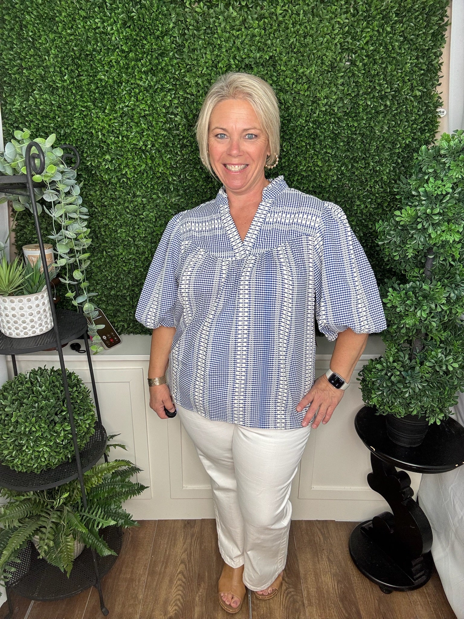 SPLIT NECK BALLOON SLEEVE TOP - BLUE