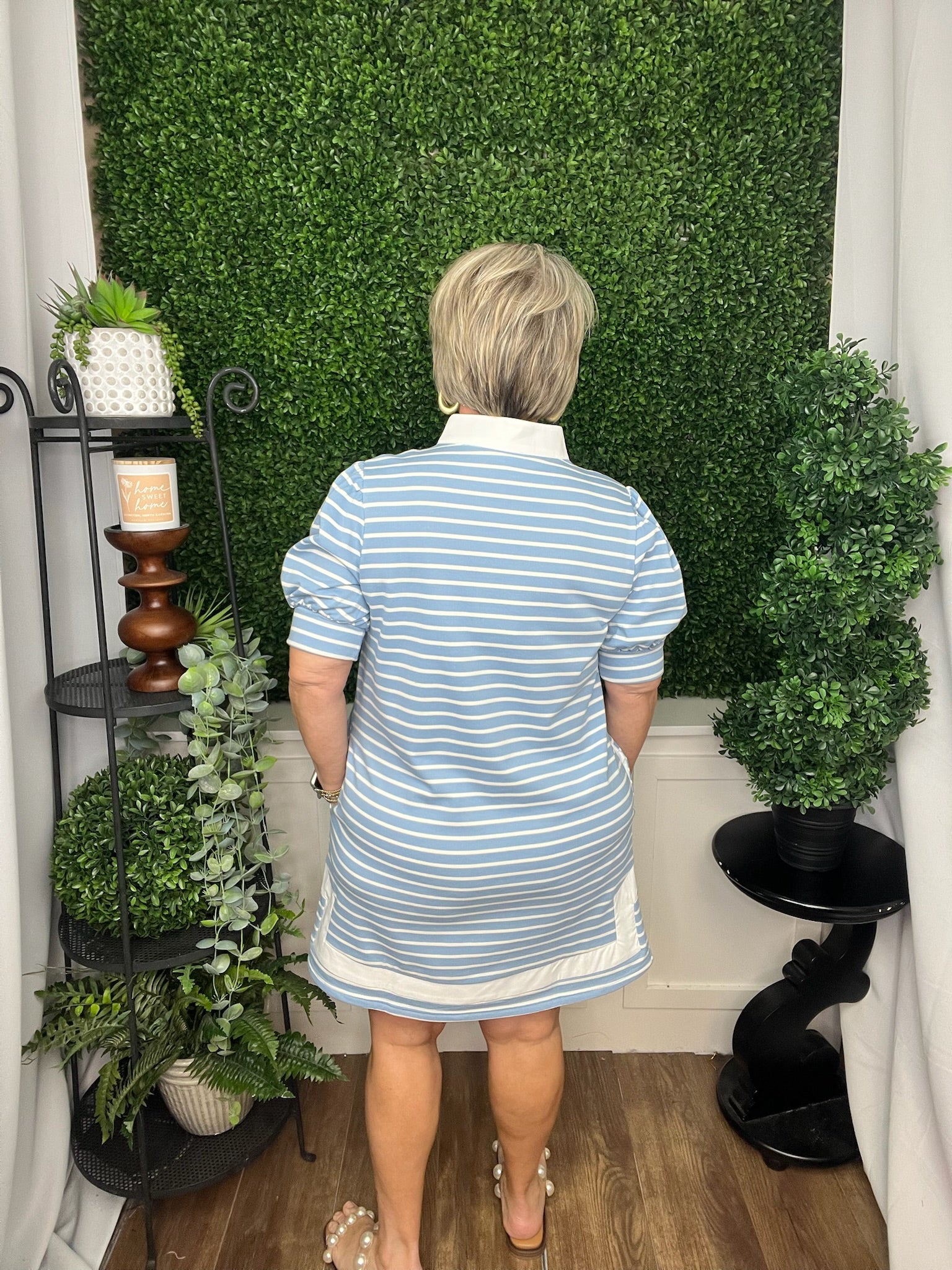 BLUE STRIPPED DRESS WITH WHITE TRIM