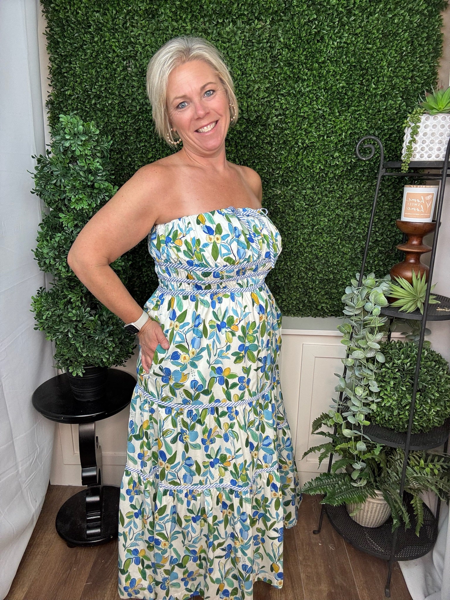 Azure Orchard Smocked Midi Dress