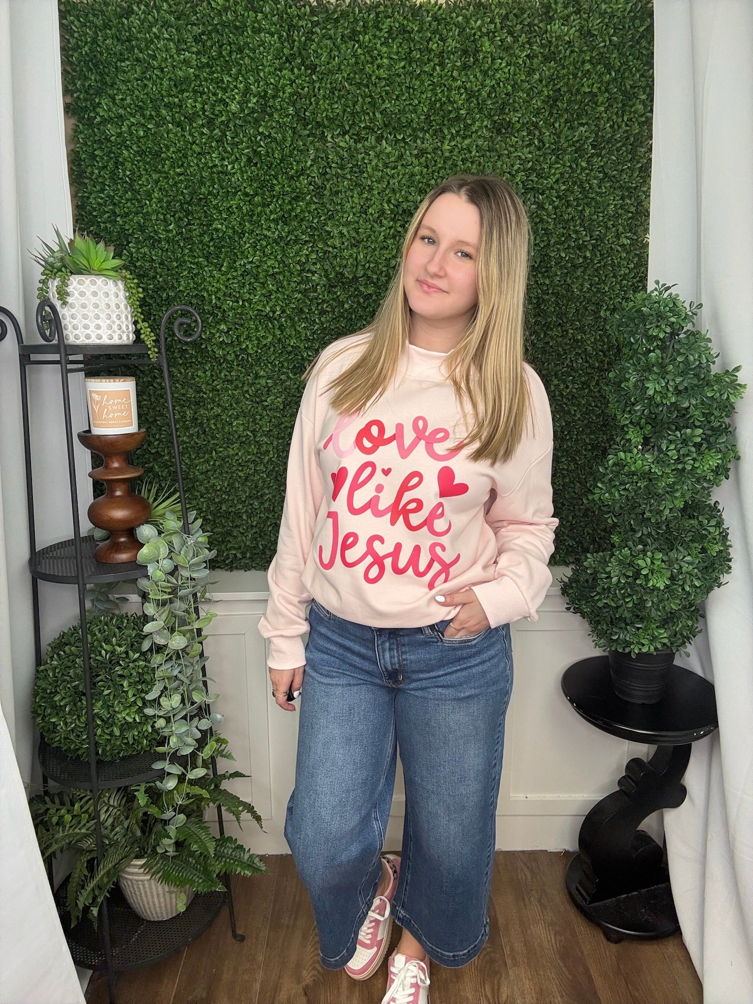 LOVE LIKE JESUS VALENTINES DAY MOCK NECK SWEATSHIRT - PINK