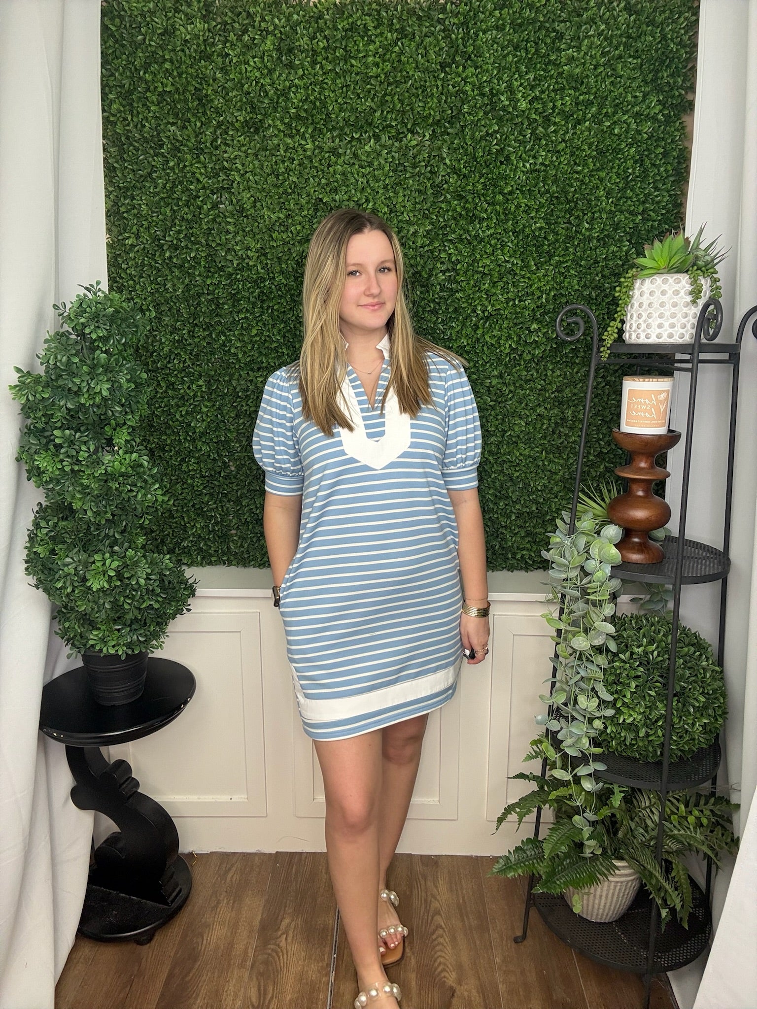 BLUE STRIPPED DRESS WITH WHITE TRIM