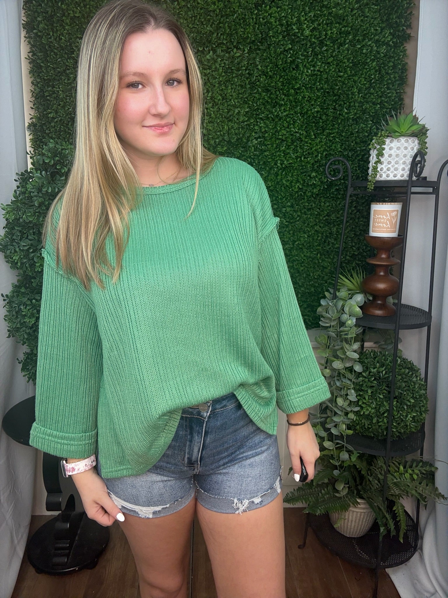 3/4 FOLDED SLEEVE KNIT TOP - GREEN