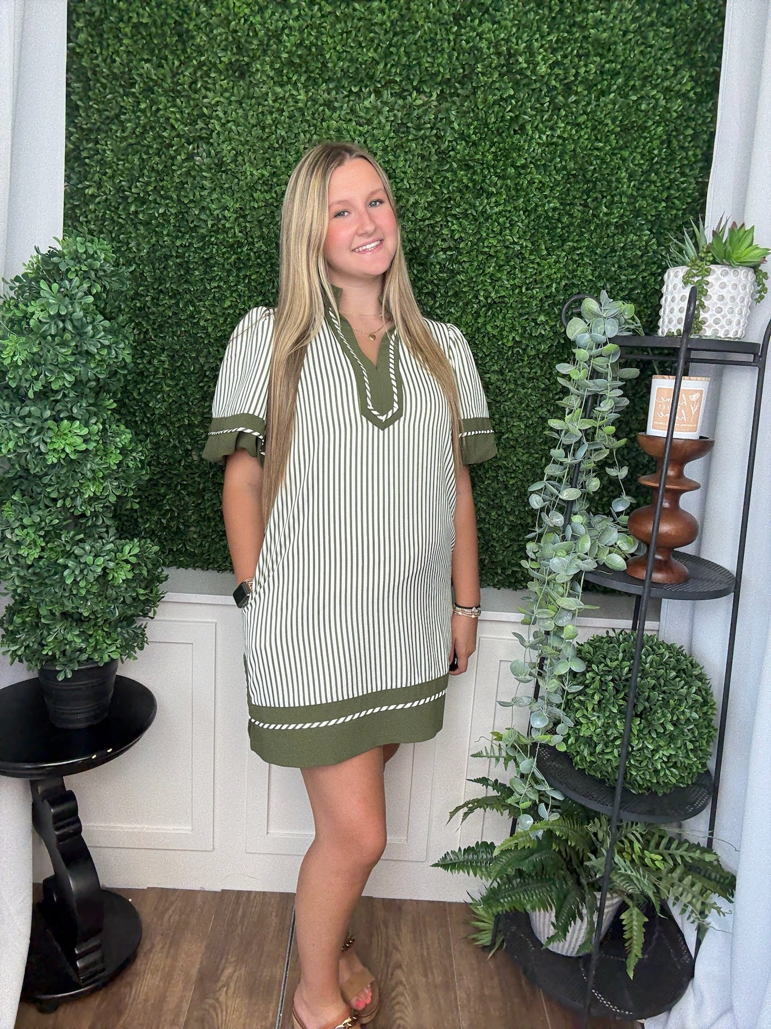 STRIPE SHORT LANTERN SLEEVE MINI DRESS - OLIVE