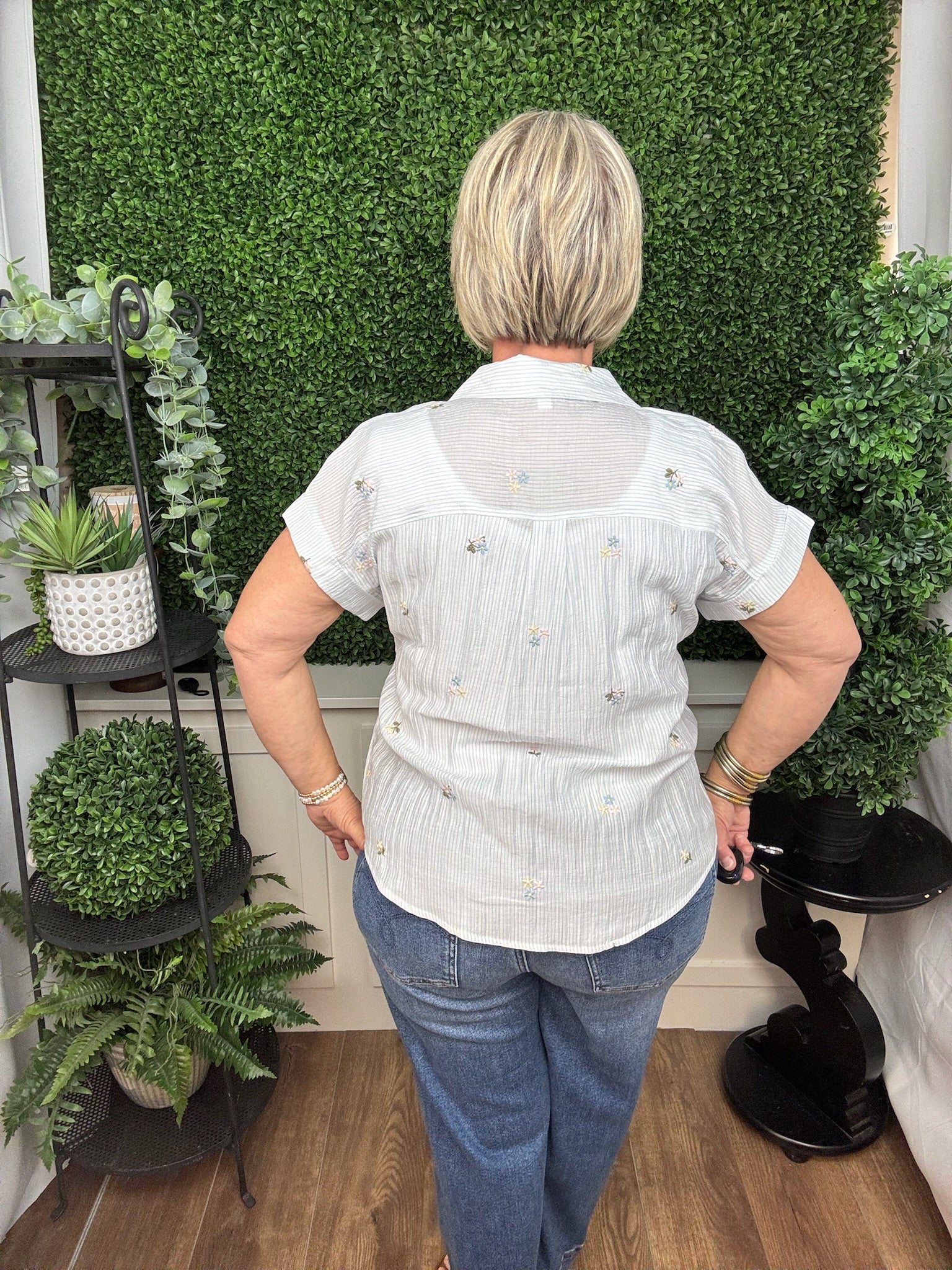 Light Blue Floral Embroidered Button-Up Blouse