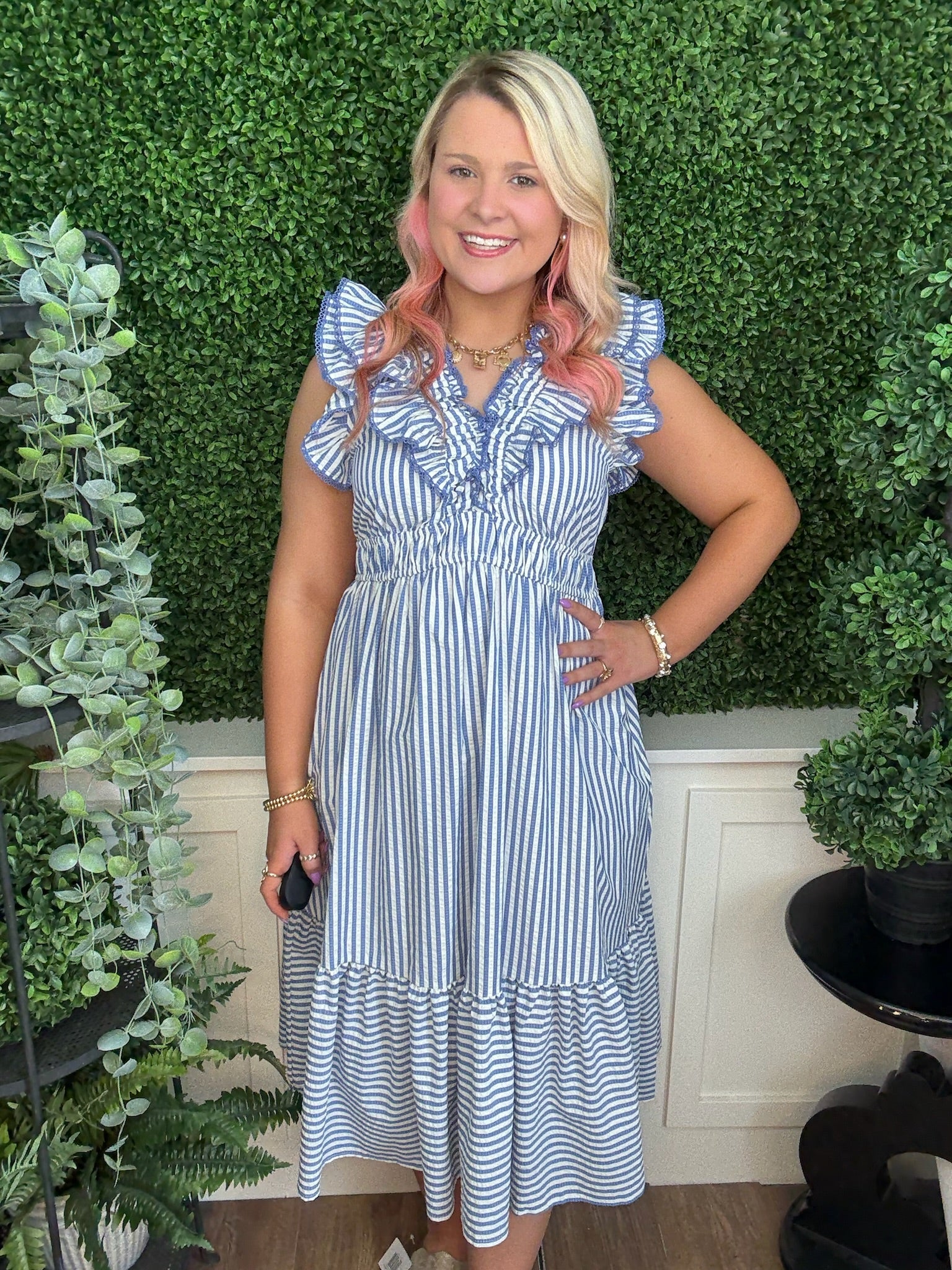 RUFFLE TRIMMED STRIPED MIDI DRESS