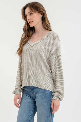 STRIPED VNECK DROP SHOULDER KNIT TOP