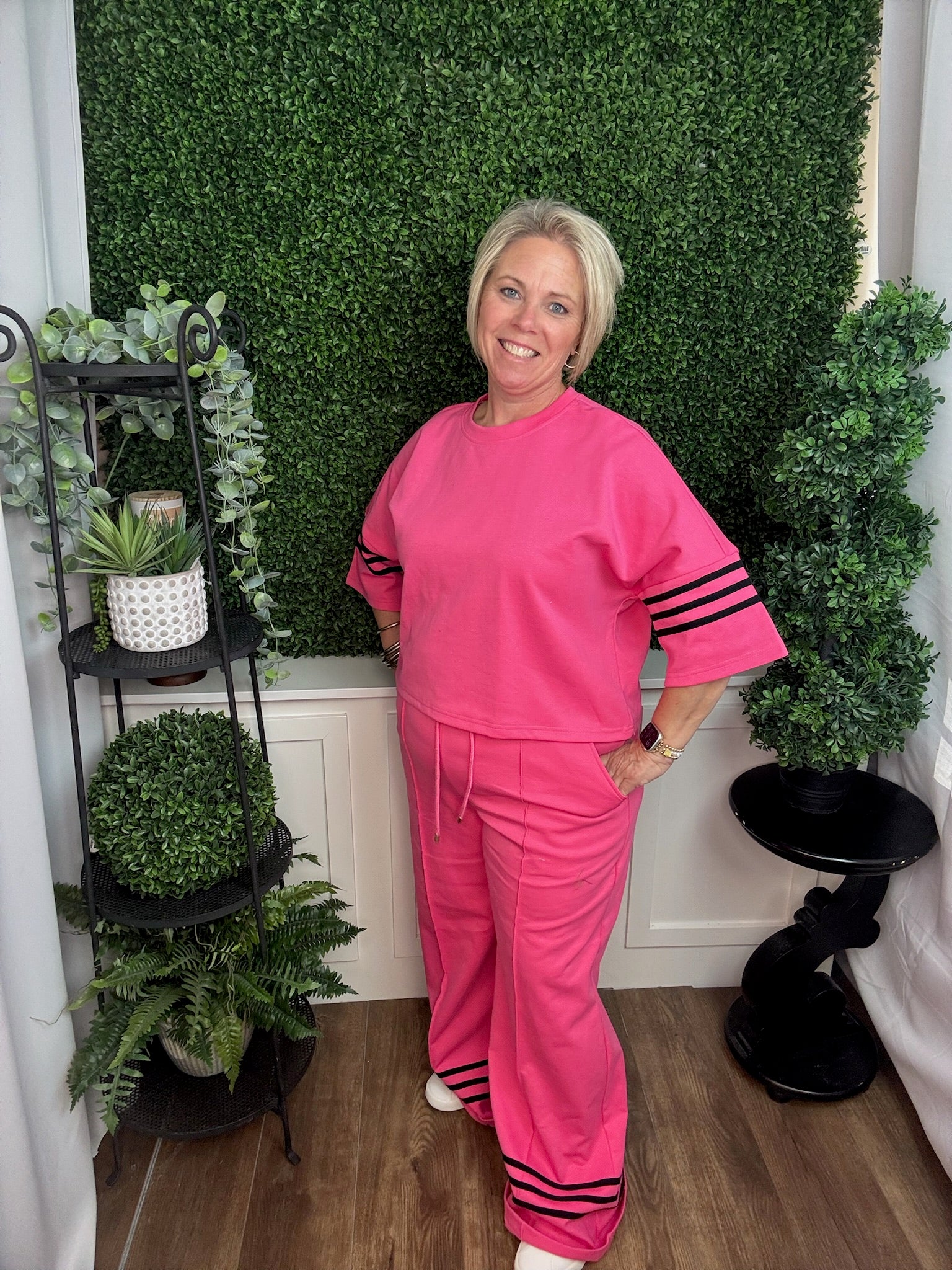 Pink Wide Leg Drawstring Pants with Stripe Detail