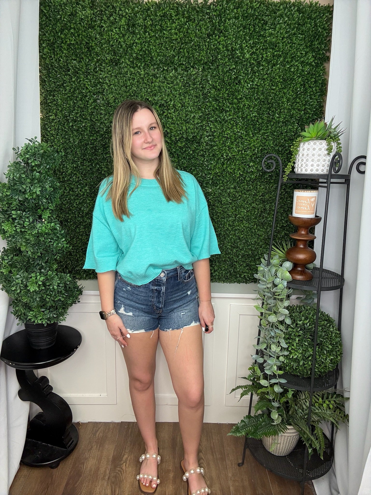 CREW NECK 3/4 SLEEVE TOP - GREEN/PINK