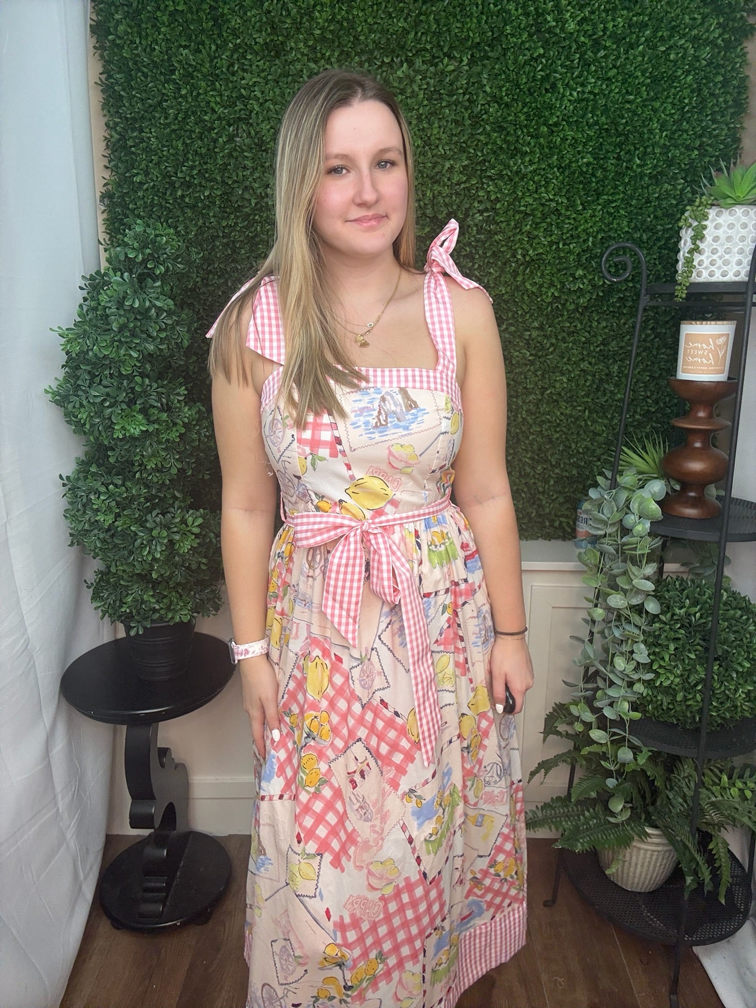 Gingham Tie Strap Printed Midi Dress