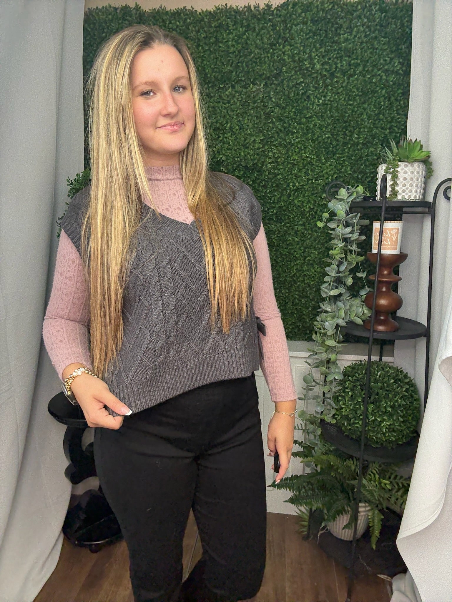 CABLE KNIT VNECK SIDE TIE SWEATER VEST - CHARCOAL