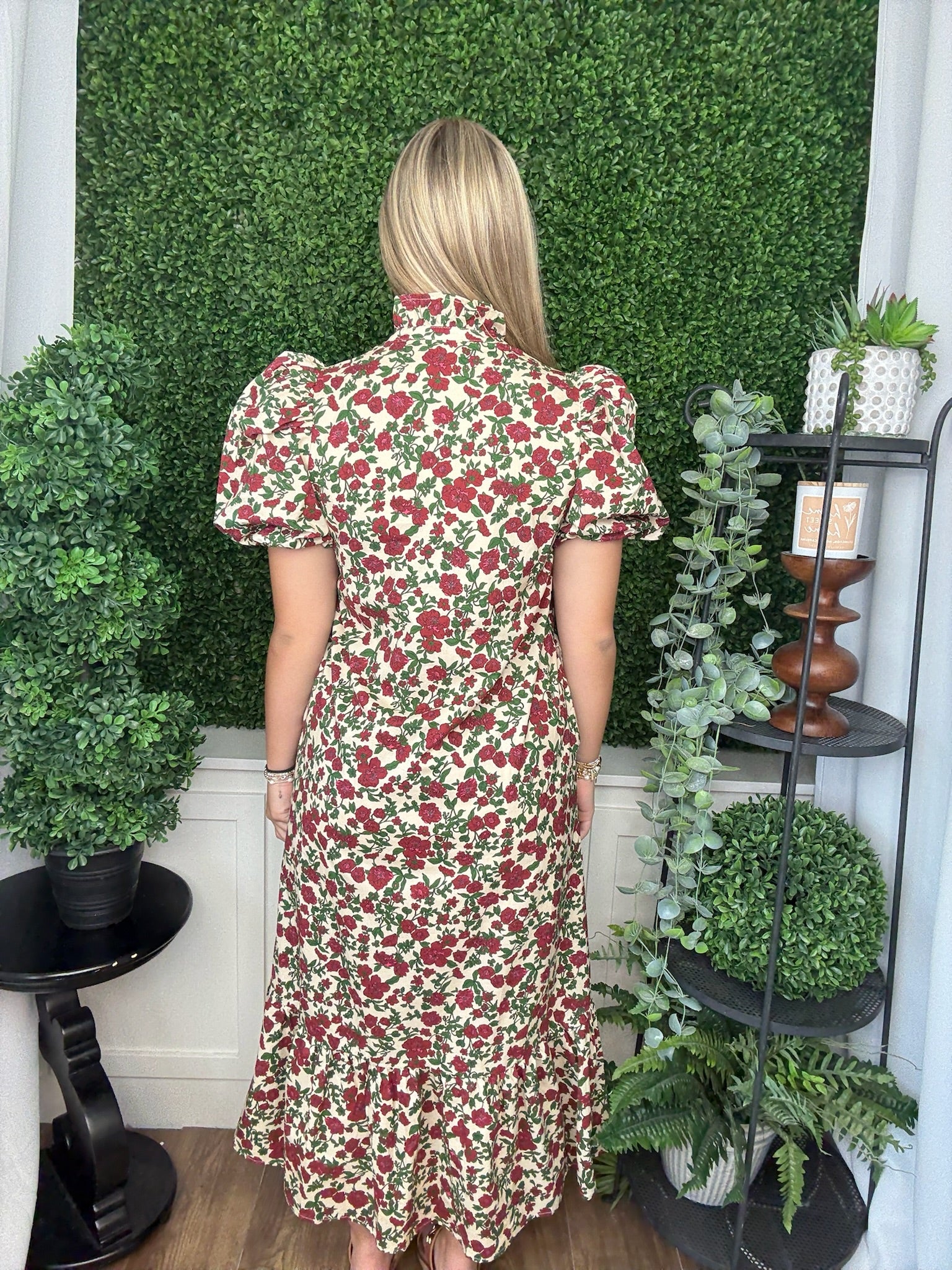 FLORAL PRINT BUBBLE SLEEVE MIDI DRESS- ECRU