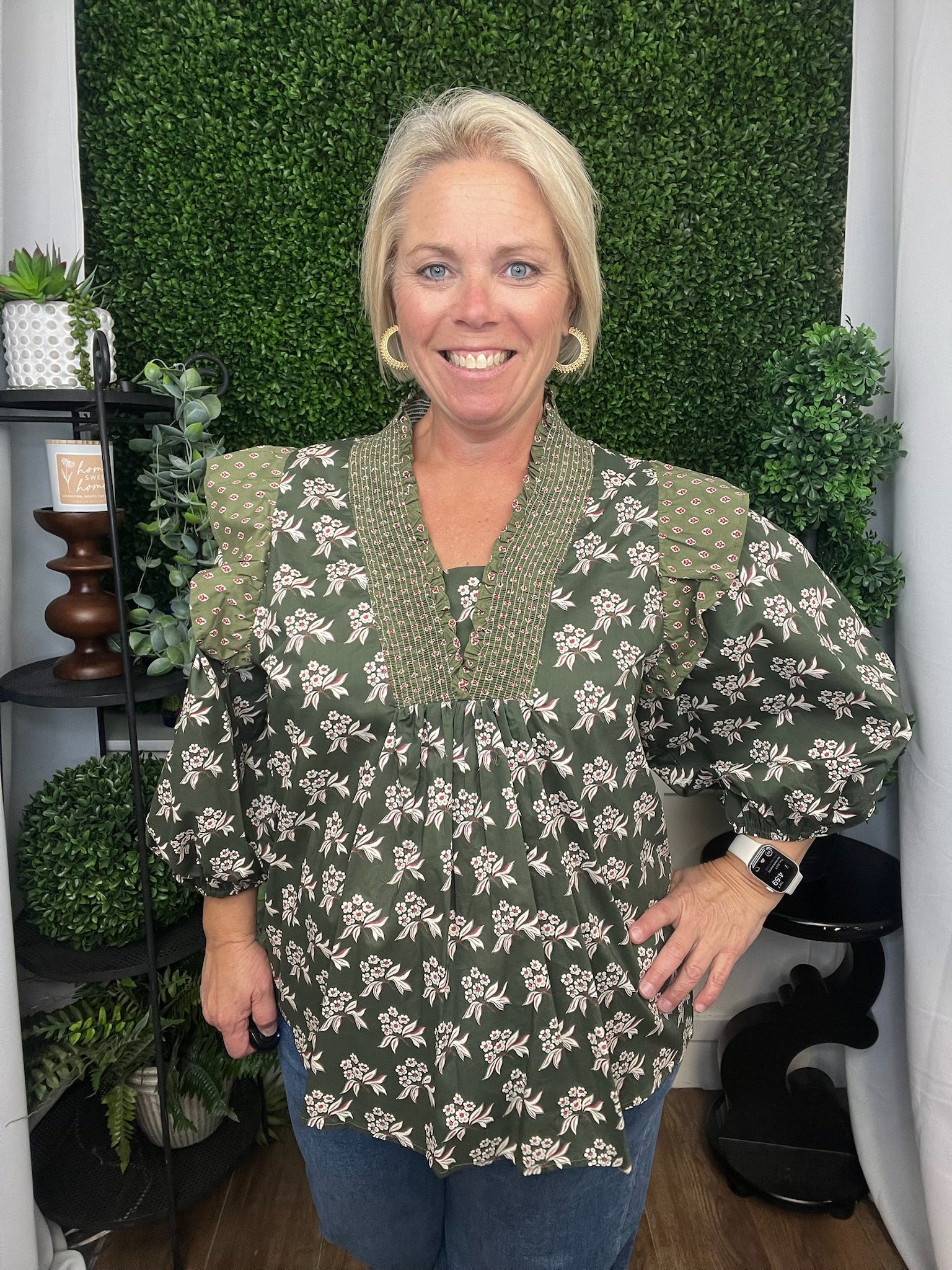 3/4 SLEEVE SMOCKED NECK WOVEN PRINT TOP - OLIVE