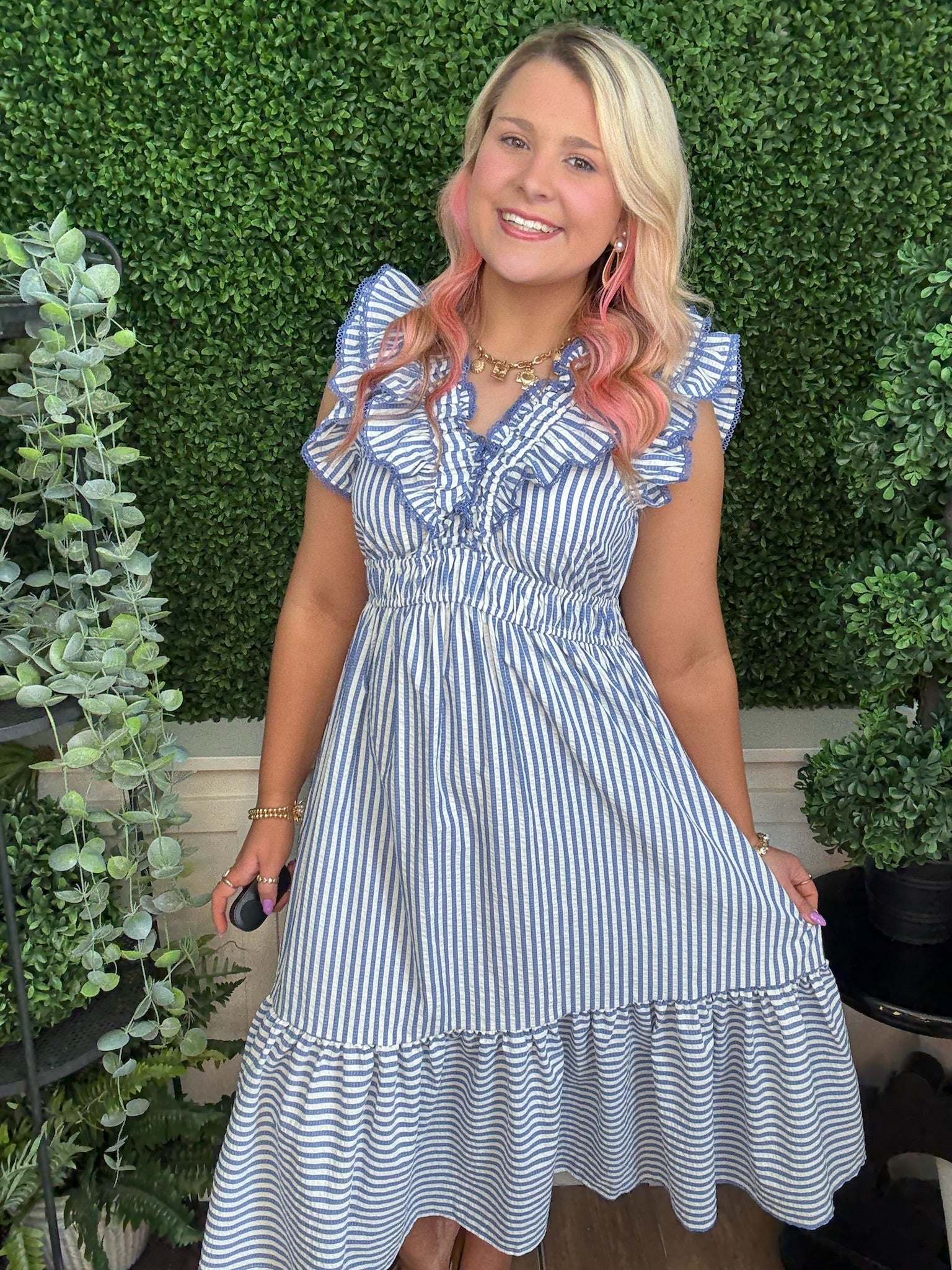 RUFFLE TRIMMED STRIPED MIDI DRESS