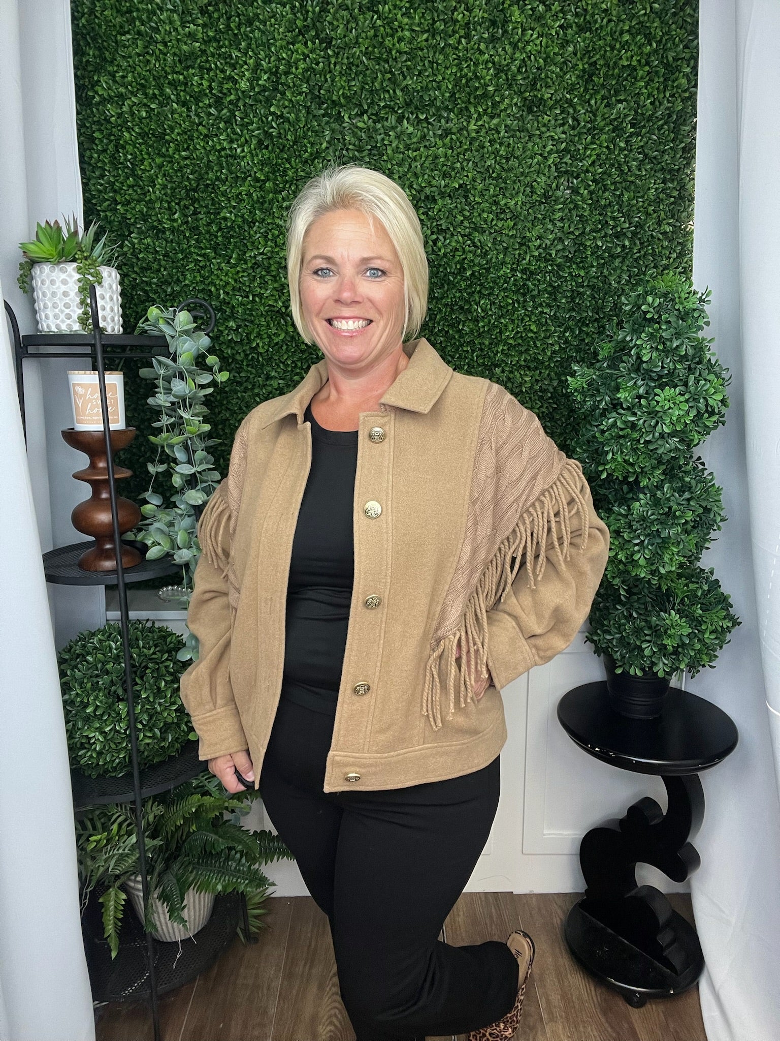 BUTTON FRONT FRINGE & KNIT DETAILS JACKET - BISCOTTI