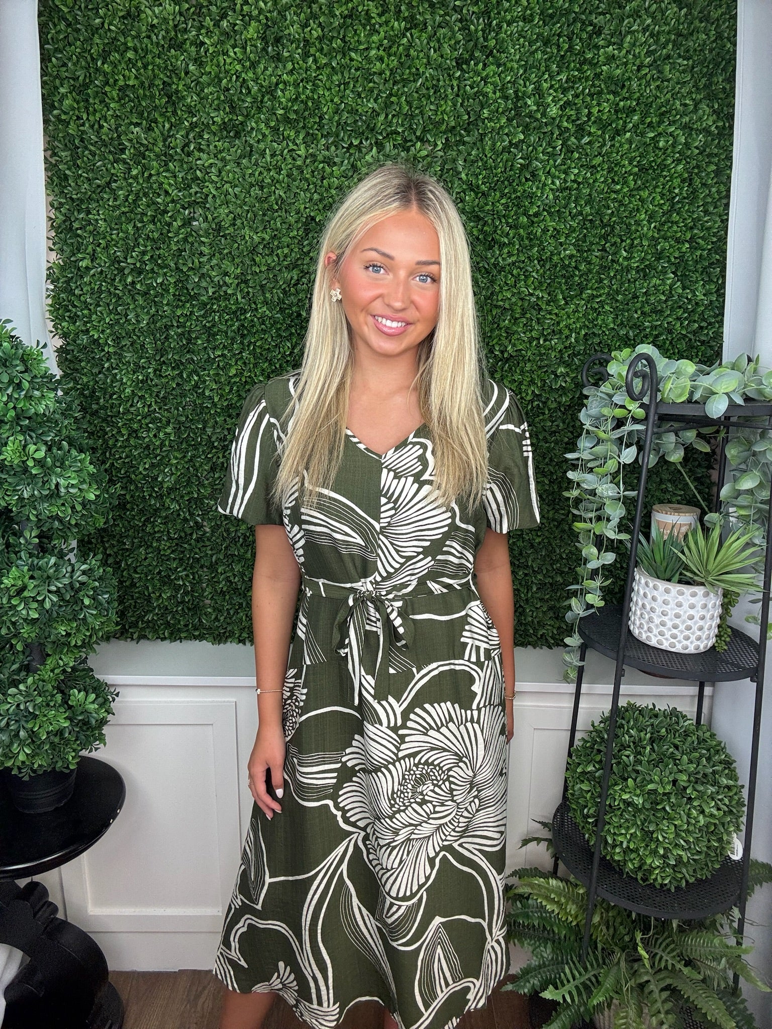 PUFF SLEEVE V-NECK MIDI DRESS - GREEN