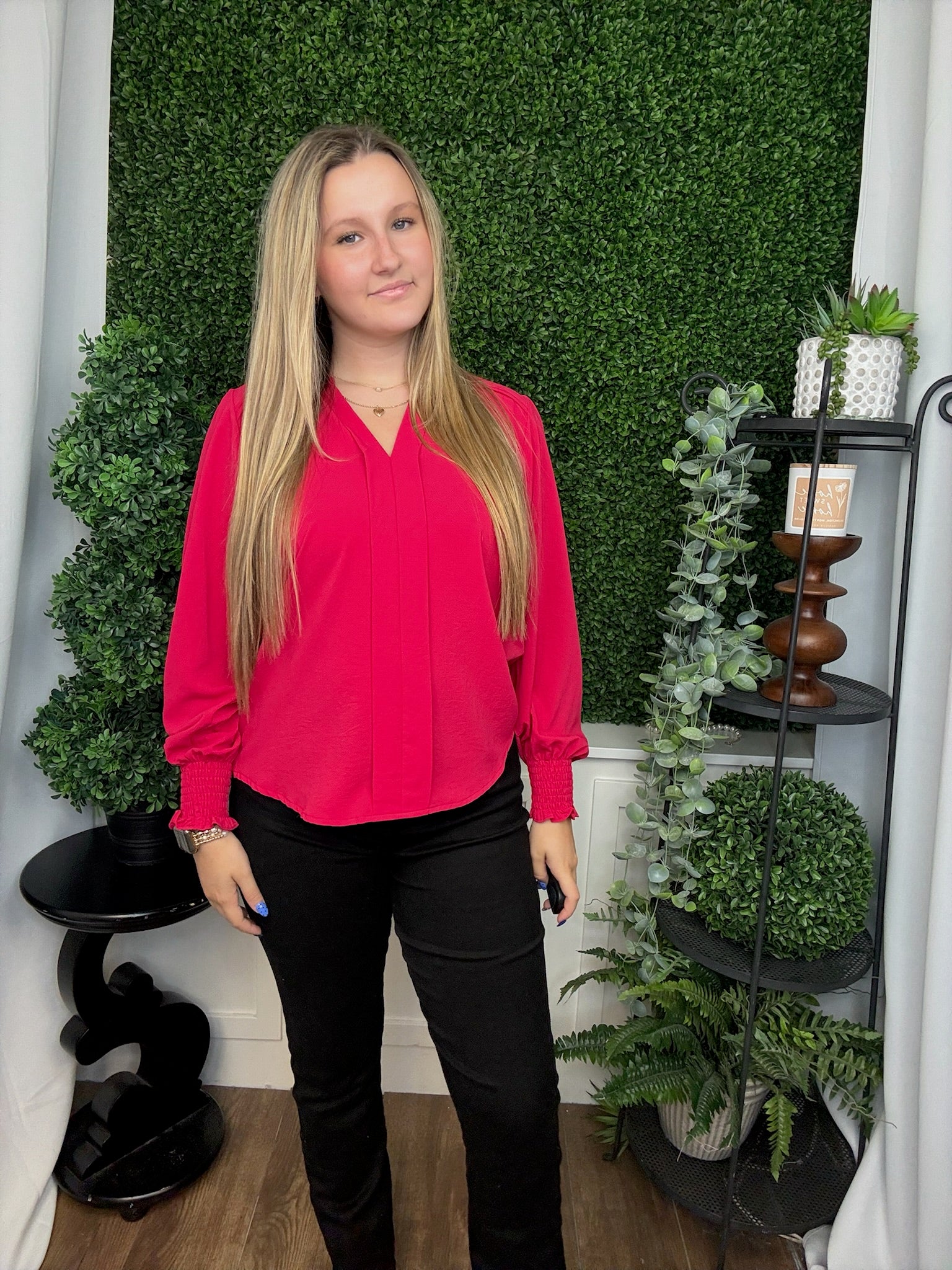 LONG SMOCKED SLEEVE FRONT PLEATS TOP