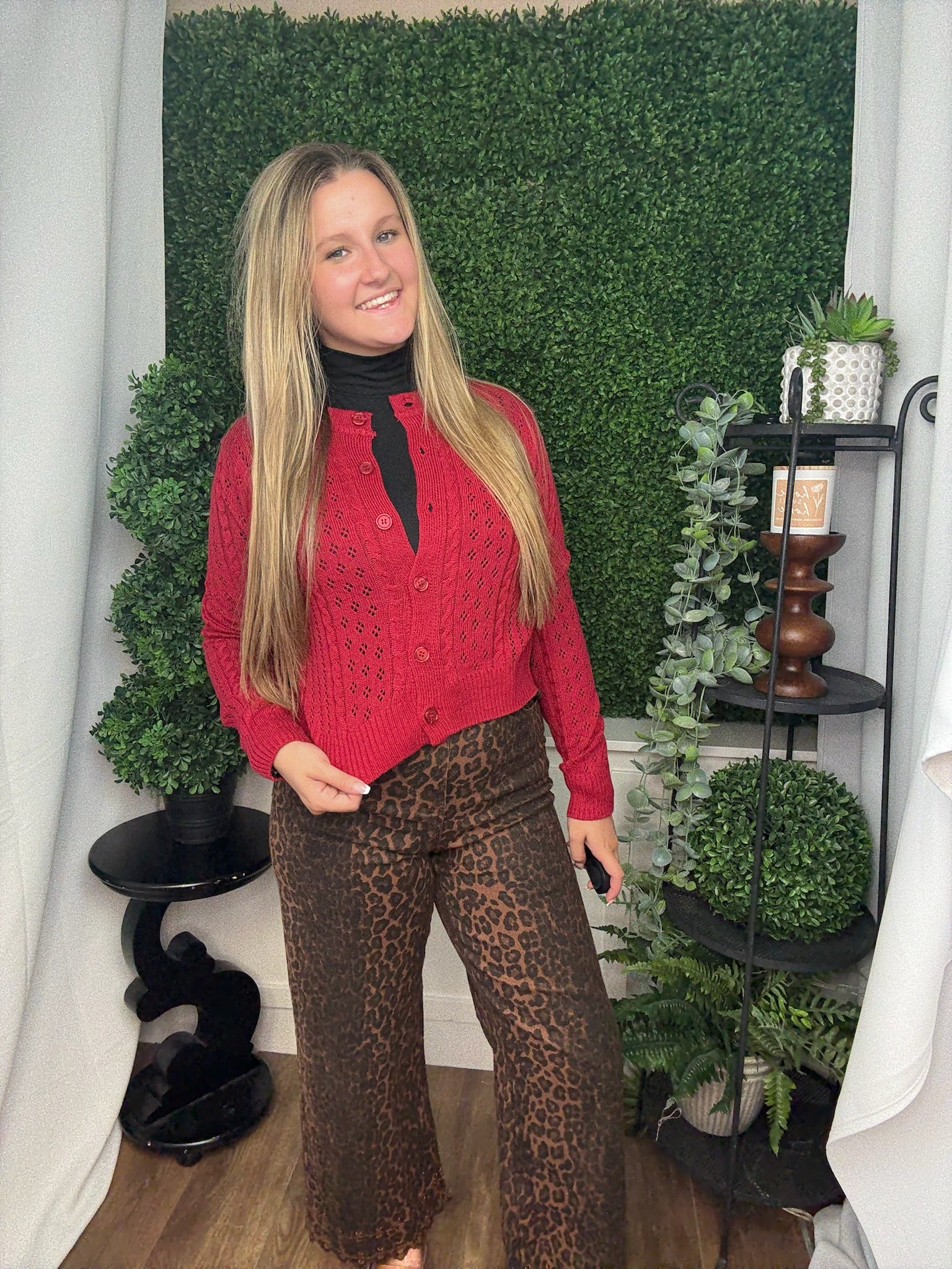 SHEER CABLE KNIT LS BUTTON DOWN CARDIGAN - DEEP RED