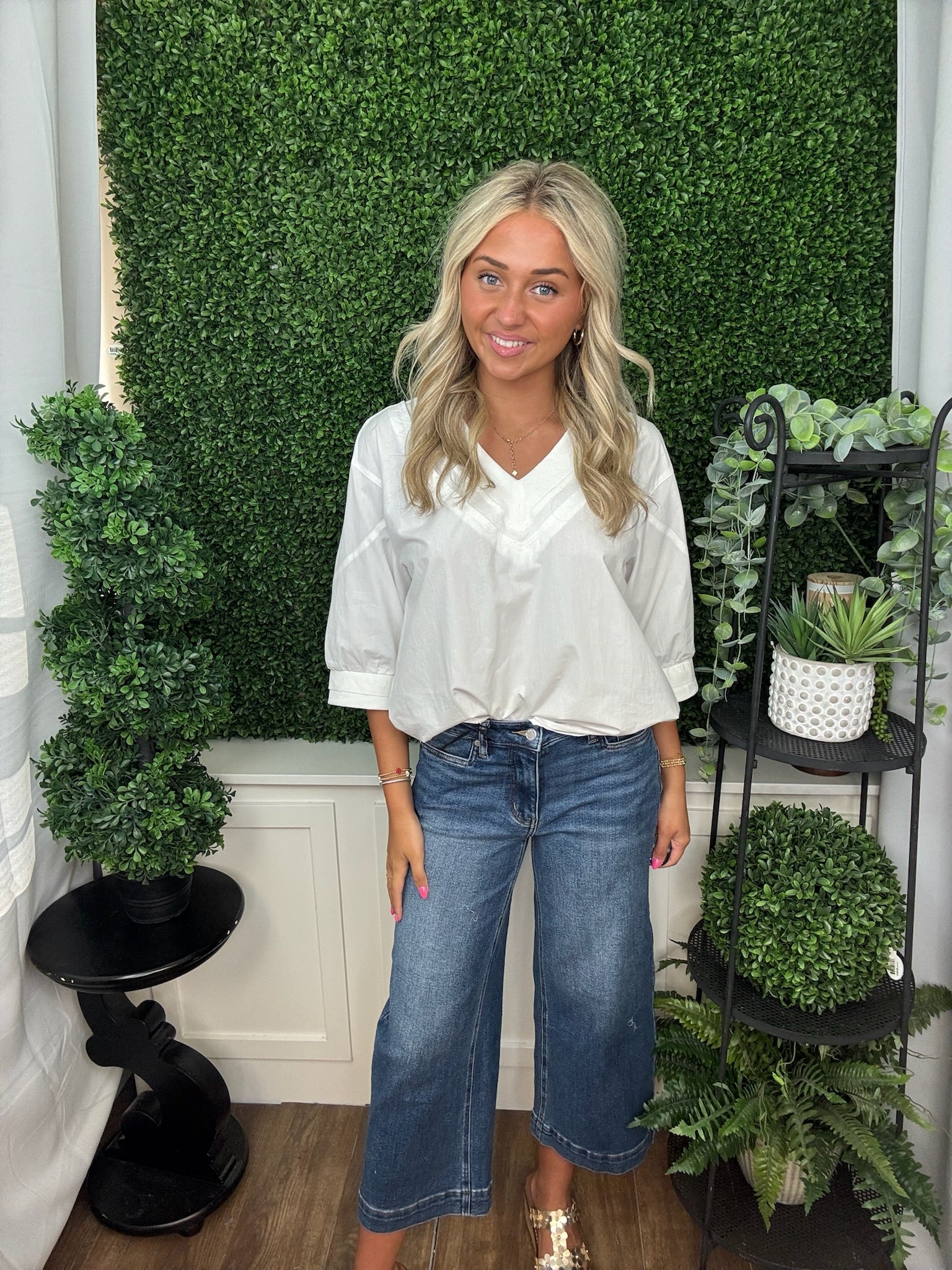 Relaxed Fit Layered V Neck Puff Sleeve Top