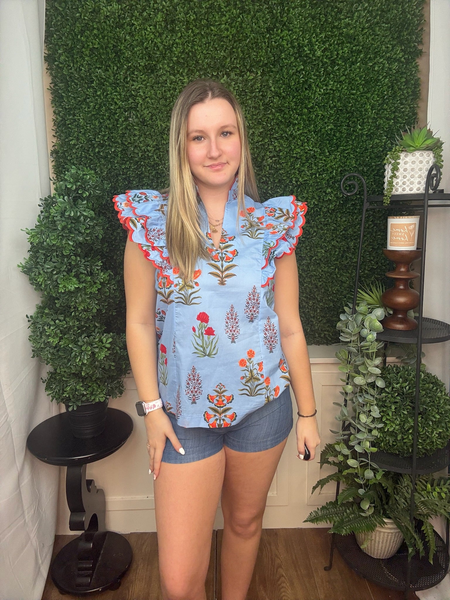 Scalloped Ruffle Floral Blouse