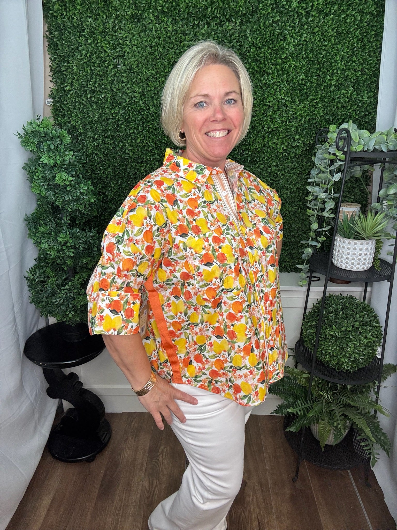 BOXY BUTTON UP WITH RIBBON TRIM TOP - MULTI