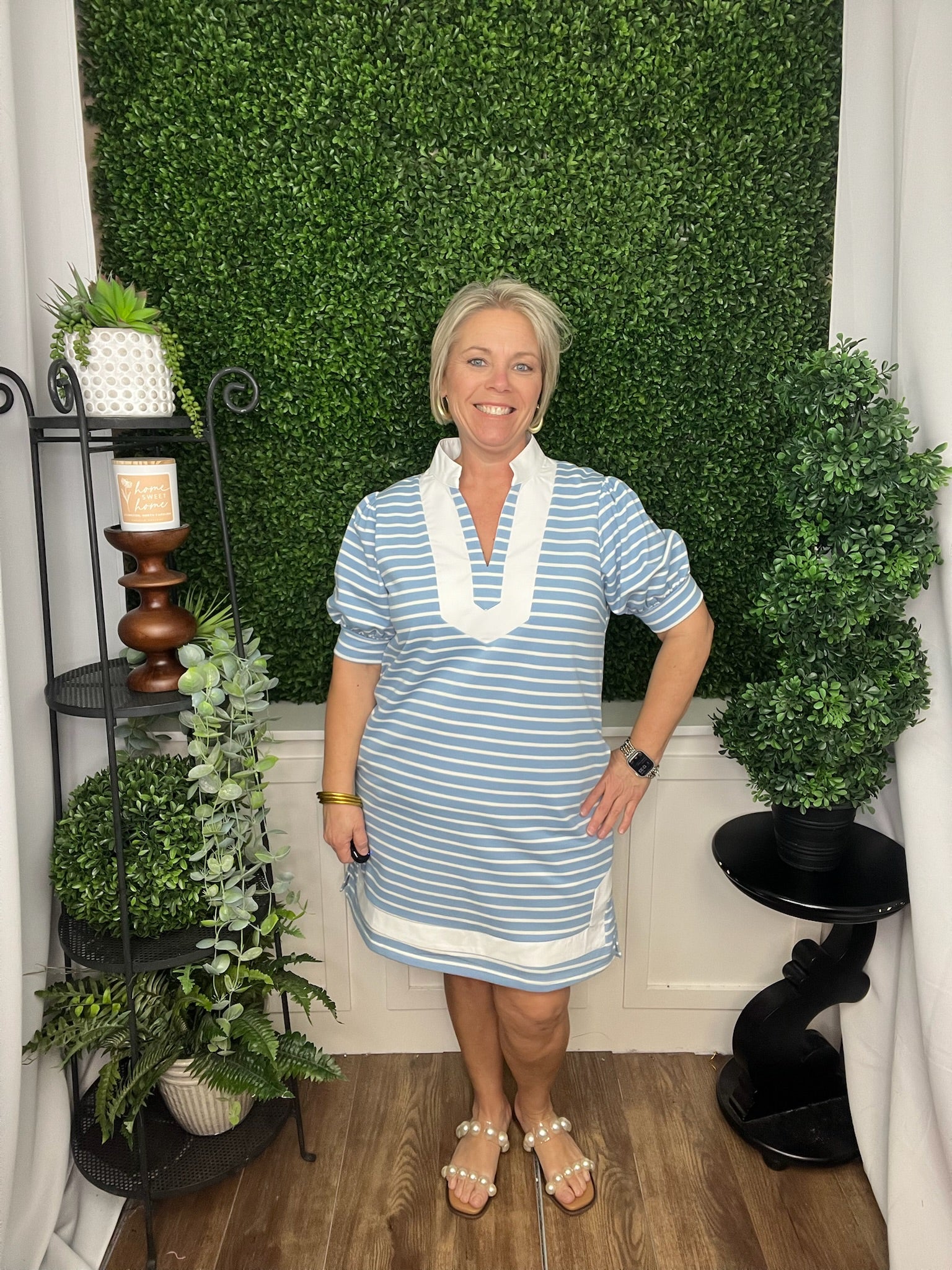 BLUE STRIPPED DRESS WITH WHITE TRIM