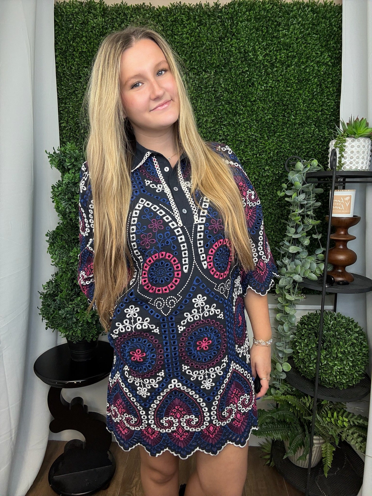 EMBROIDERED EYELET HALF SLEEVE MINI DRESS - NAVY