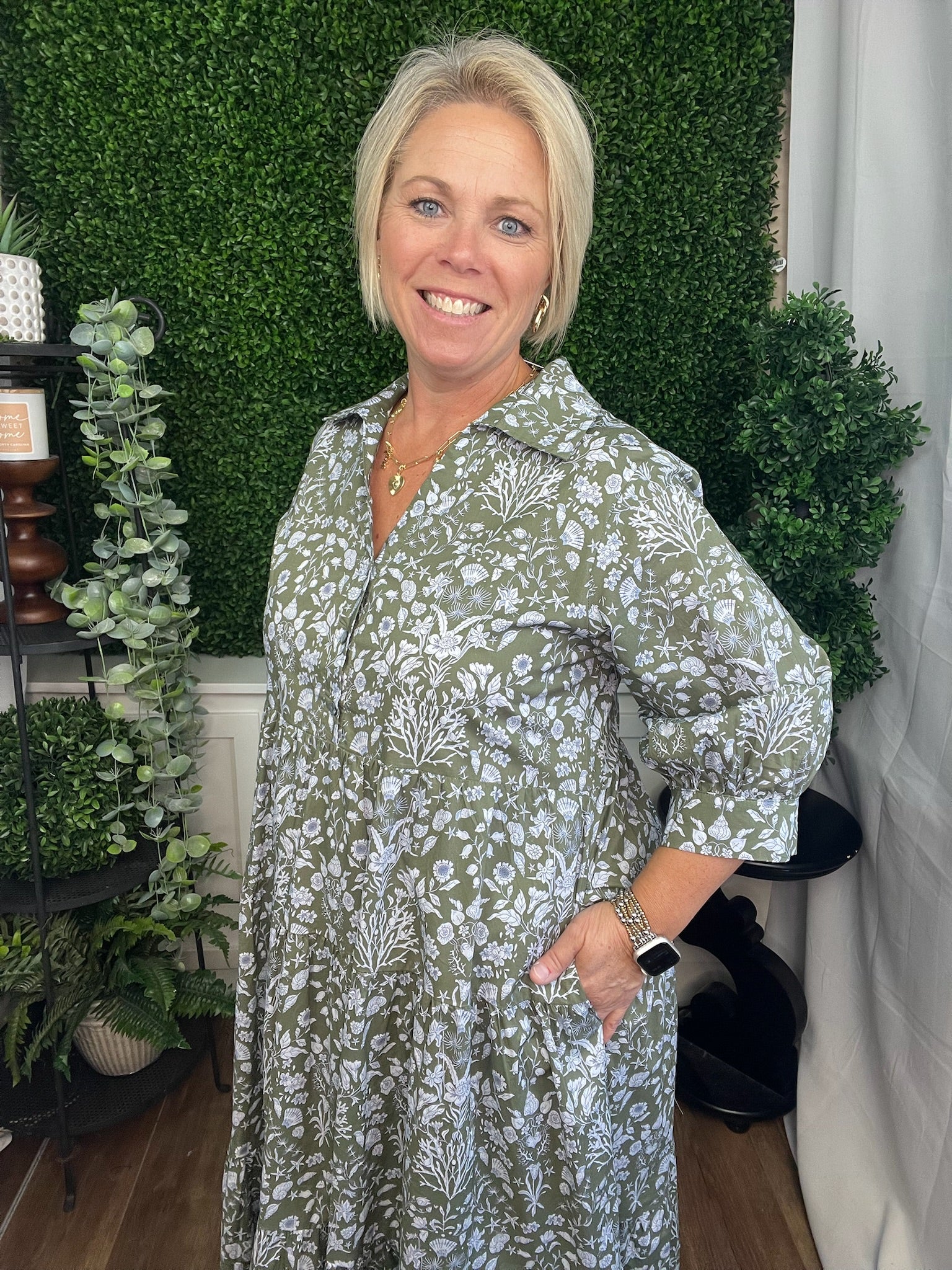 FLORAL PRINT CUFF 3/4 SLEEVE MIDI DRESS - OLIVE