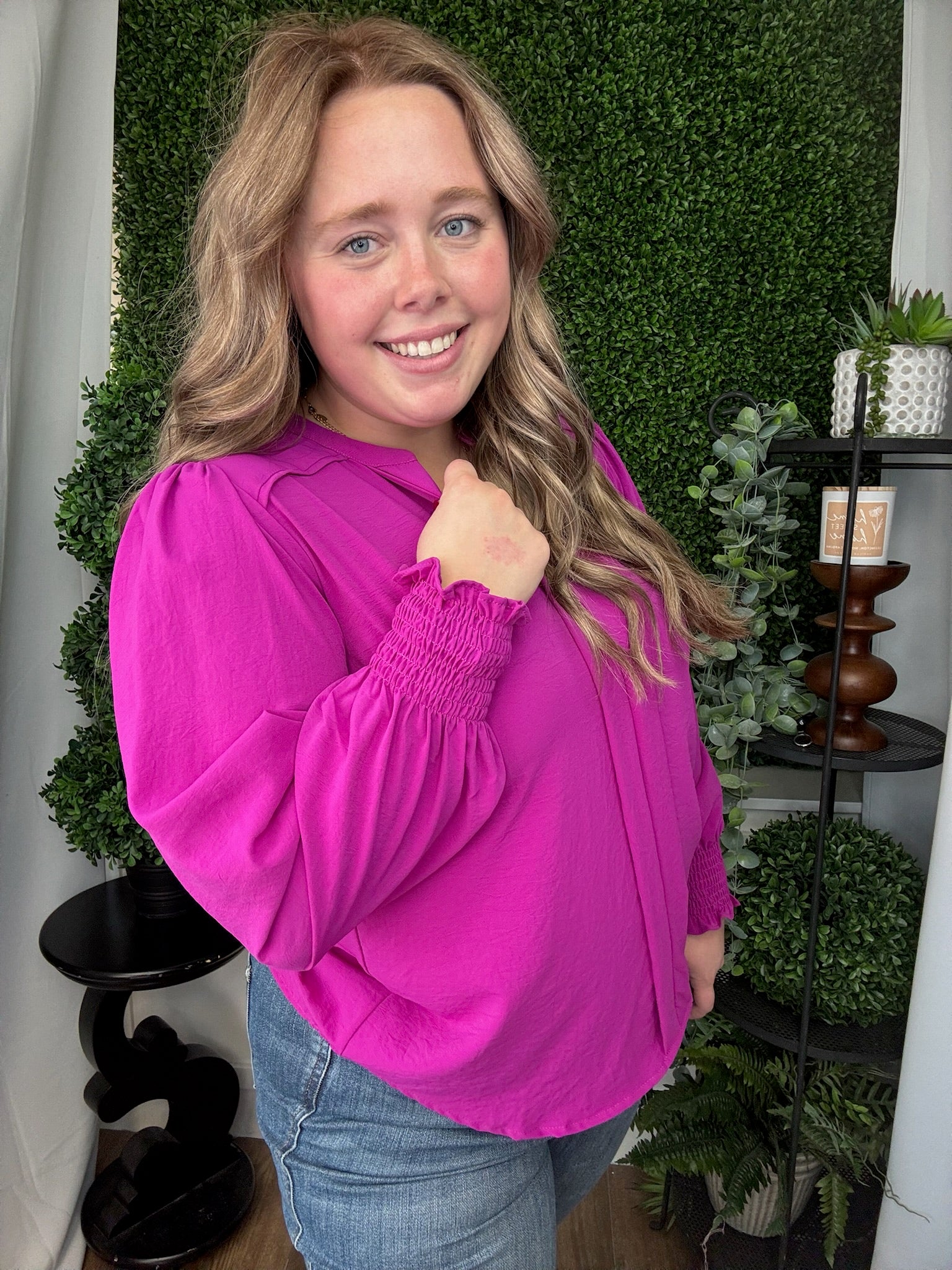 LONG SMOCKED SLEEVE FRONT PLEATS TOP