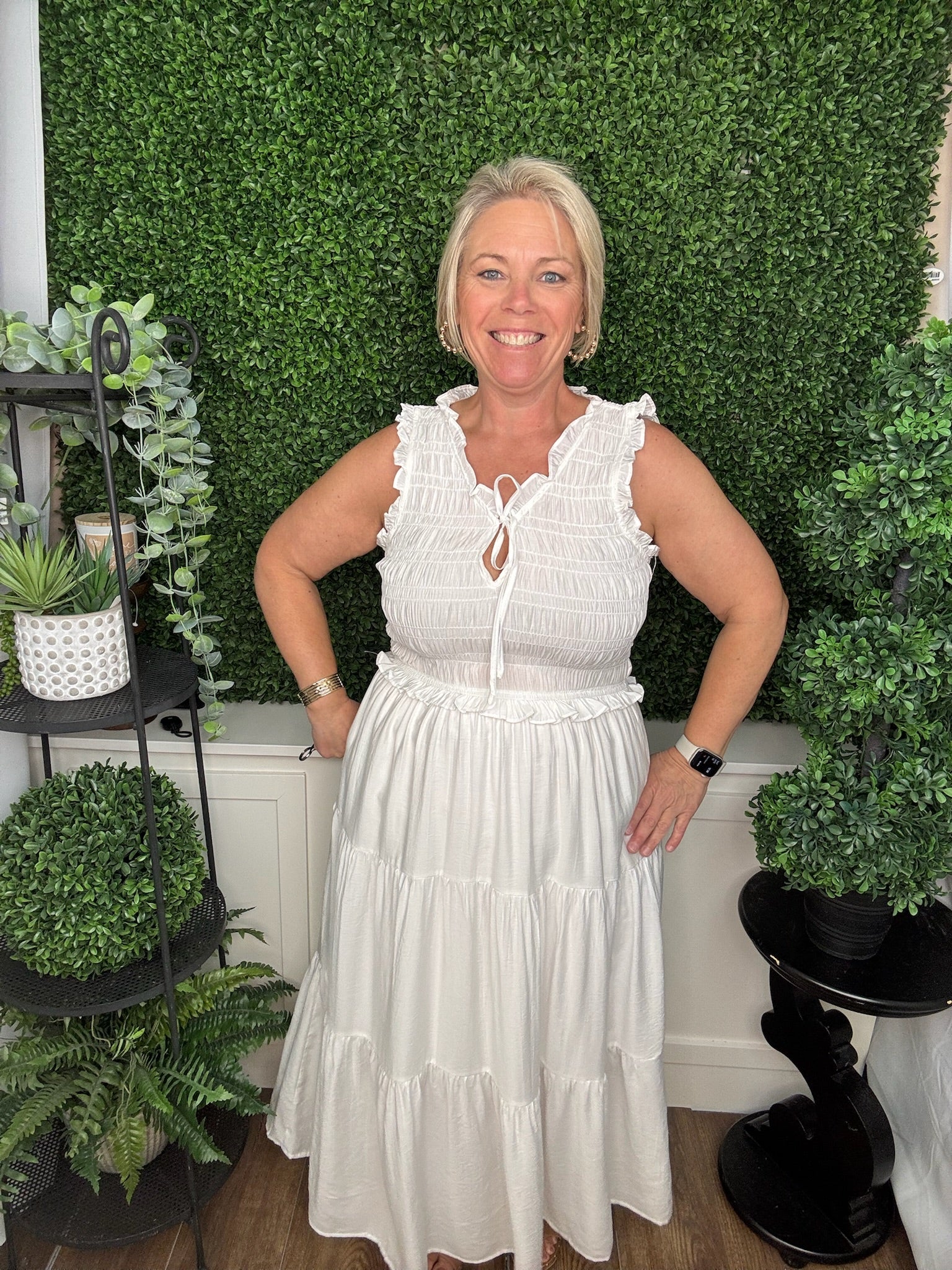 White Ruffle Smocked Sleeveless Midi Dress
