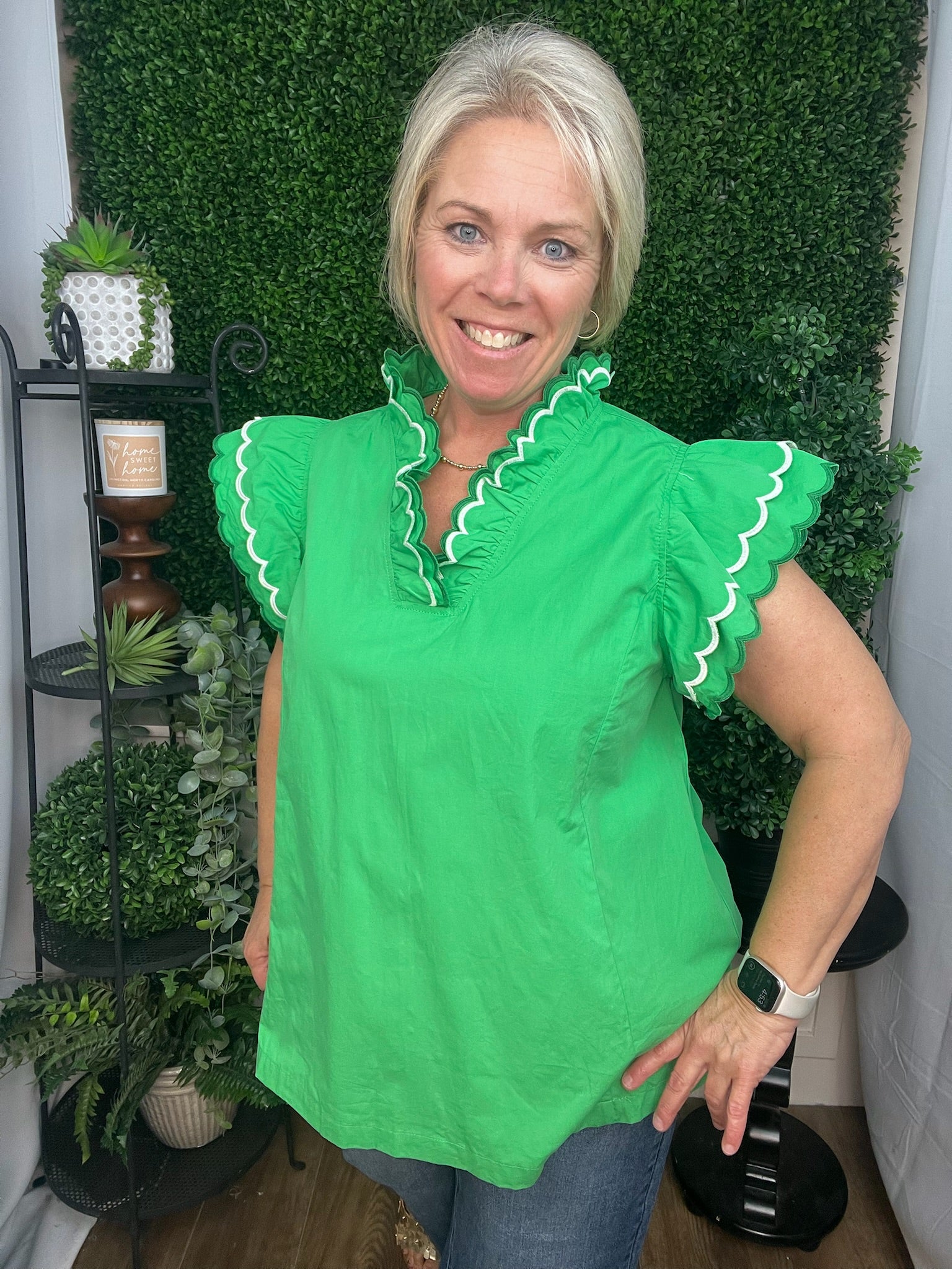 Scallop Trim Flutter Sleeve Blouse