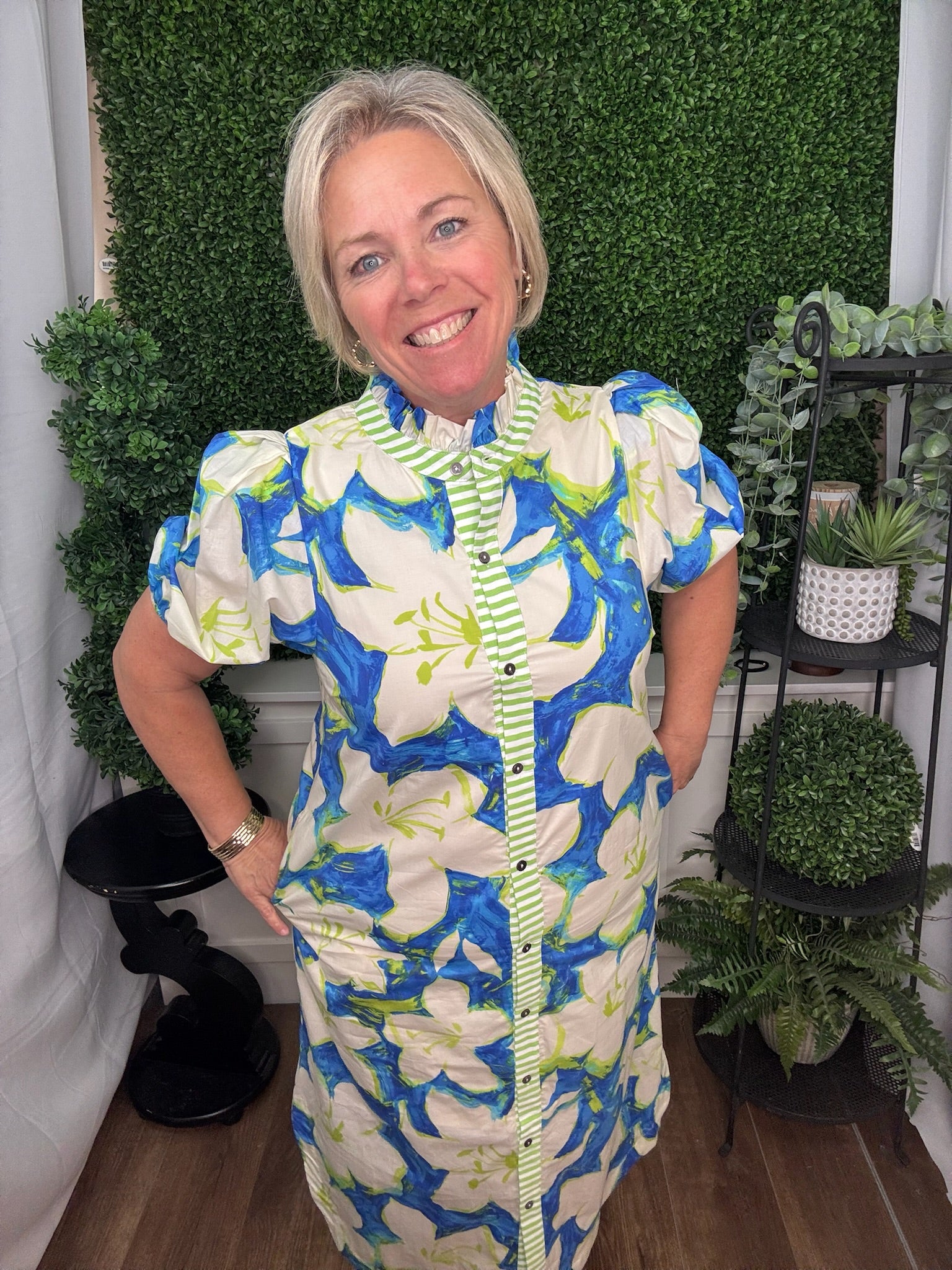 Tropical Bloom Puff Sleeve Shirt Dress