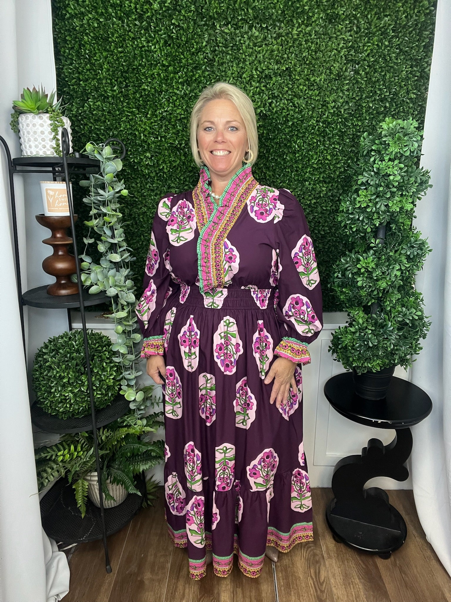 FLOWER PATCH BORDER VNEC OPEN COLLAR RUFFLE SLEEVE DRESS - PLUM MIX