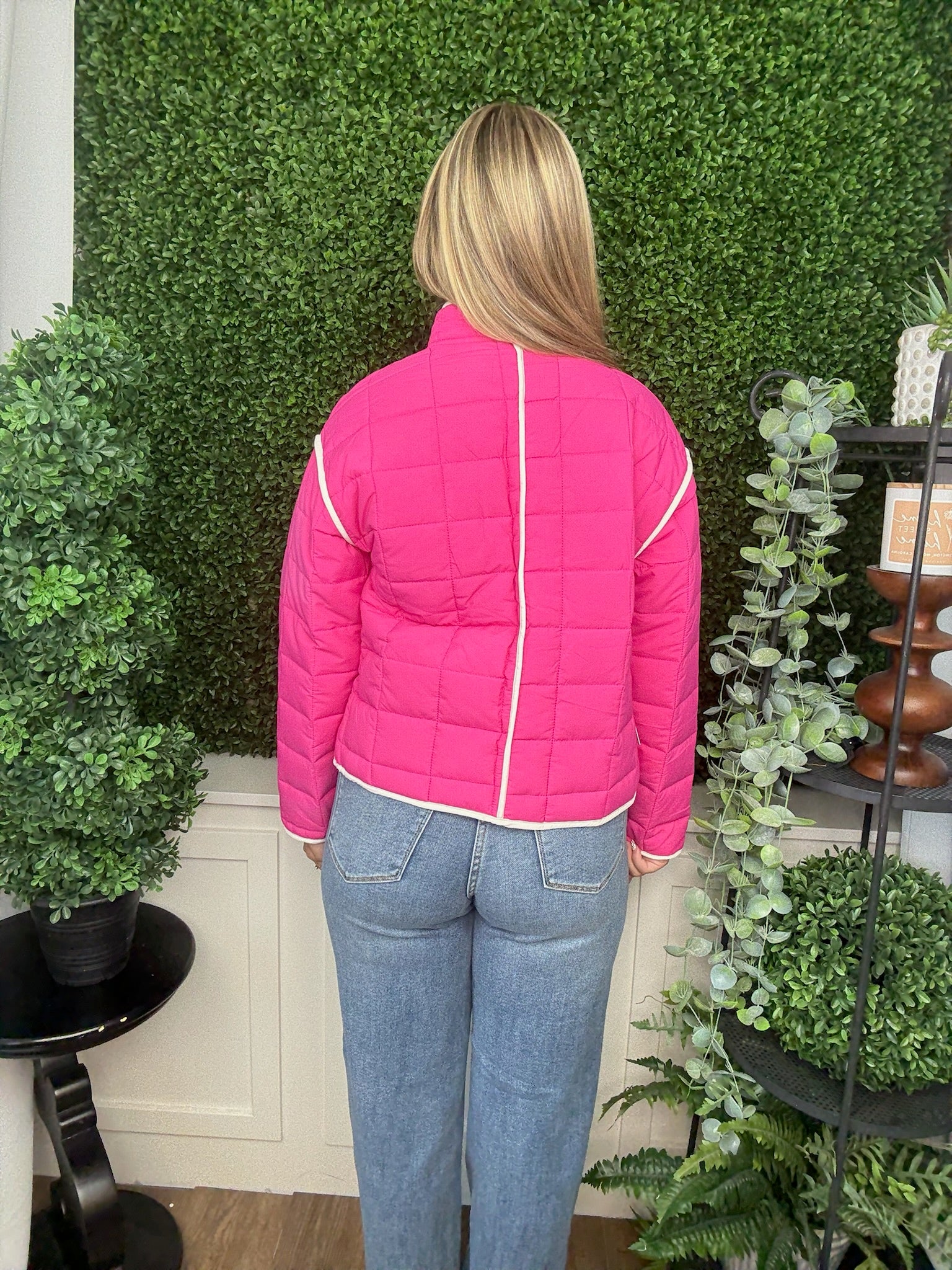 HOT PINK QUILTED TRIM JACKET W/ WHITE PIPING