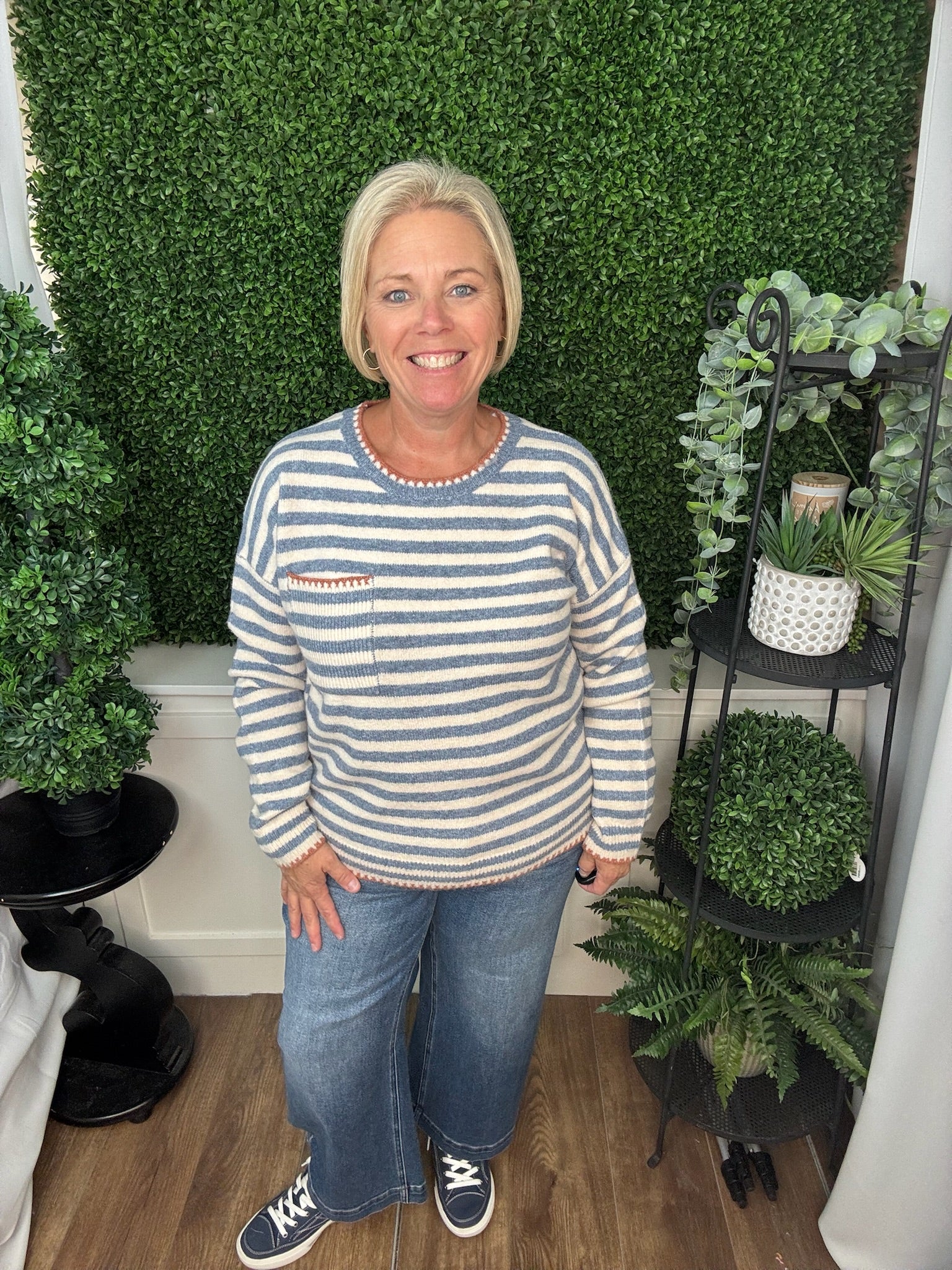 Striped Knit Sweater with Contrast Trim Pocket