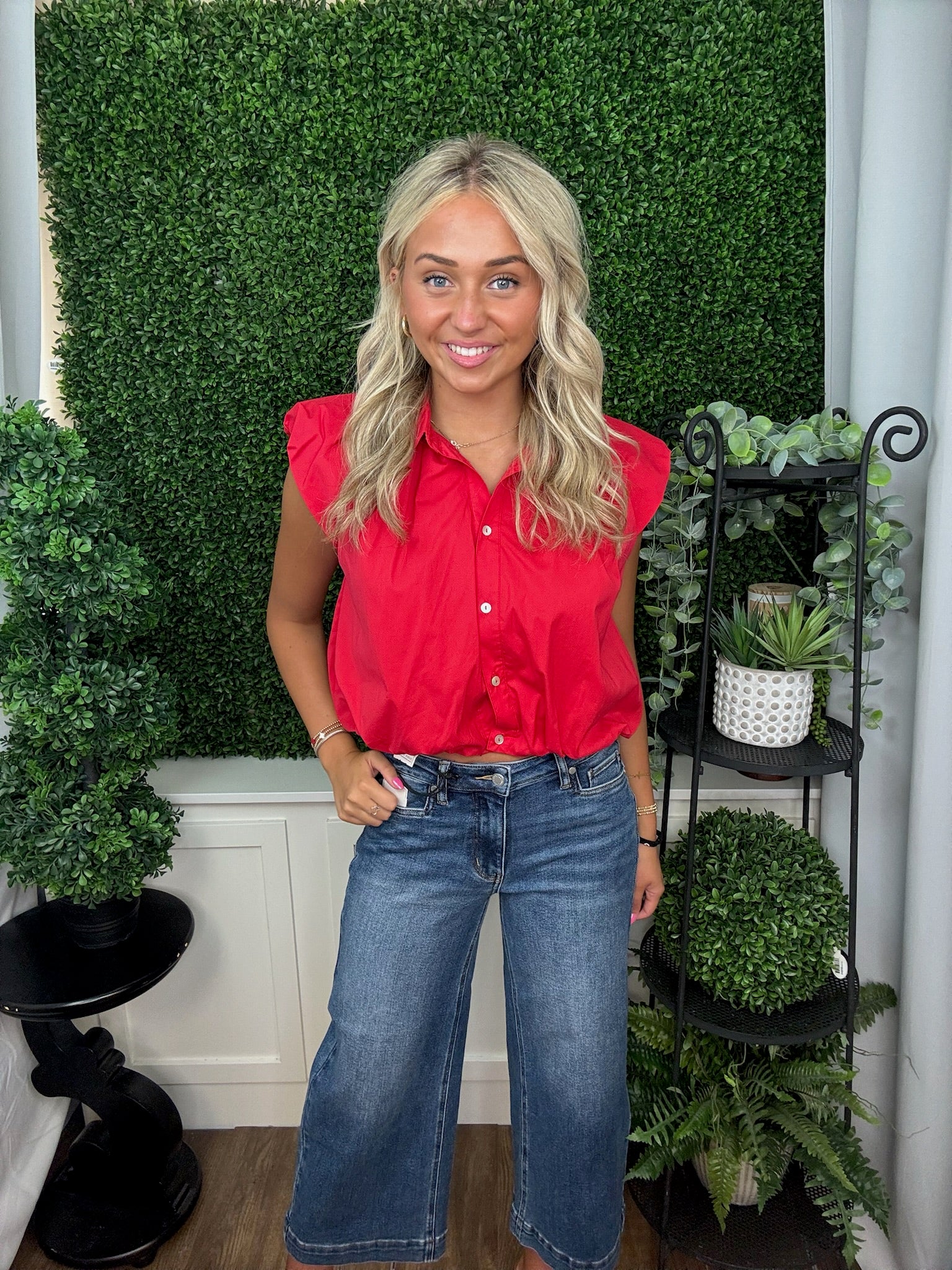 Crimson Sculpted Puff Sleeve Blouse