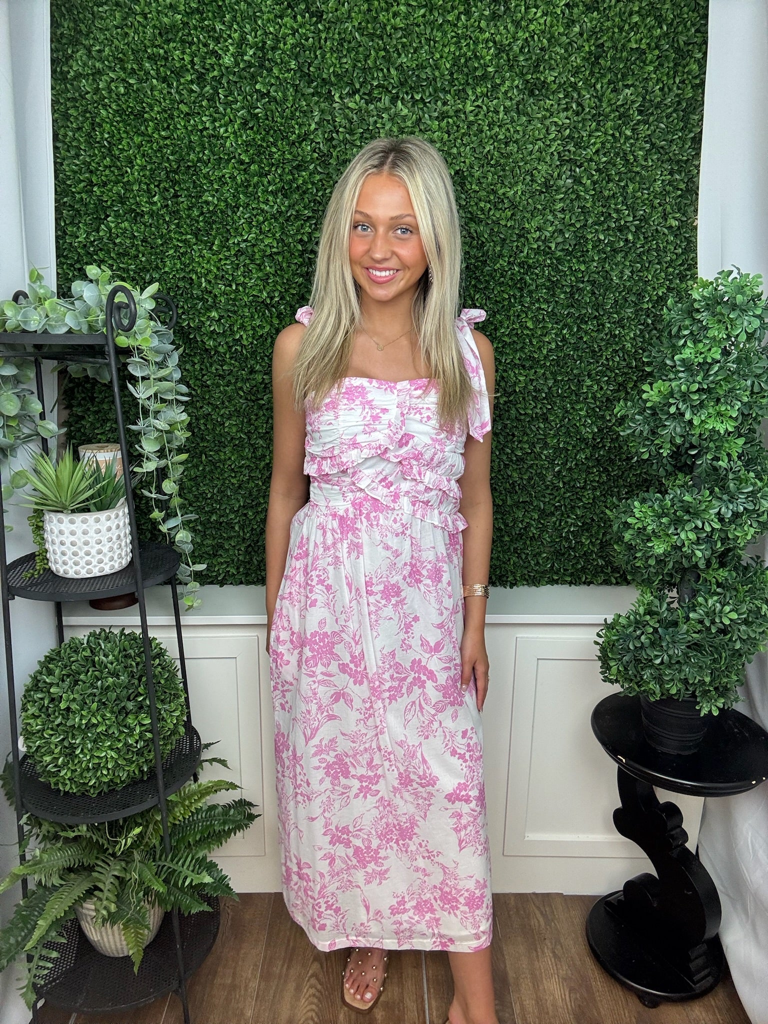 Pink Toile Ruffle Bodice Midi Dress