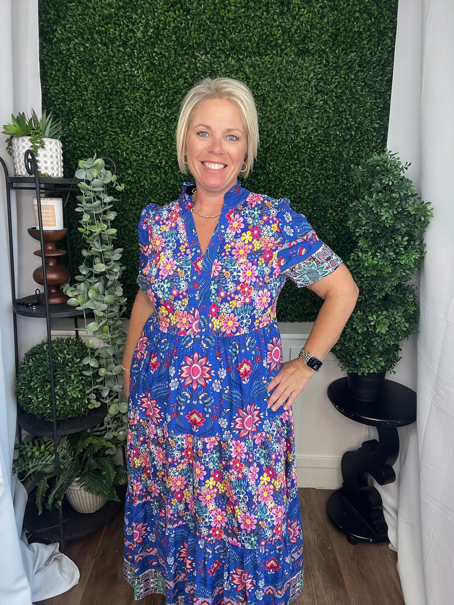 MIXED PRINT TIERED MIDI DRESS - COBALT MIX