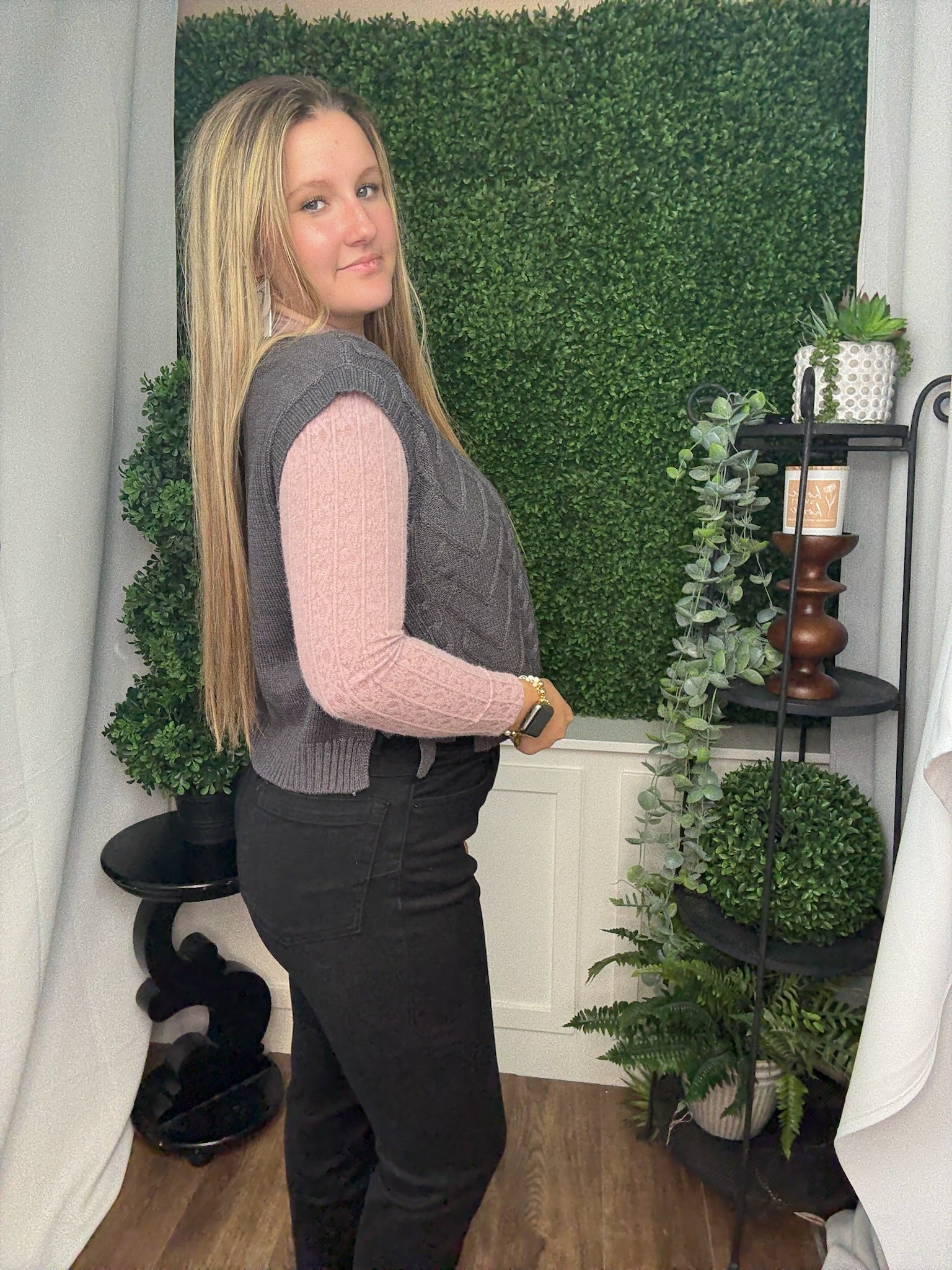 CABLE KNIT VNECK SIDE TIE SWEATER VEST - CHARCOAL