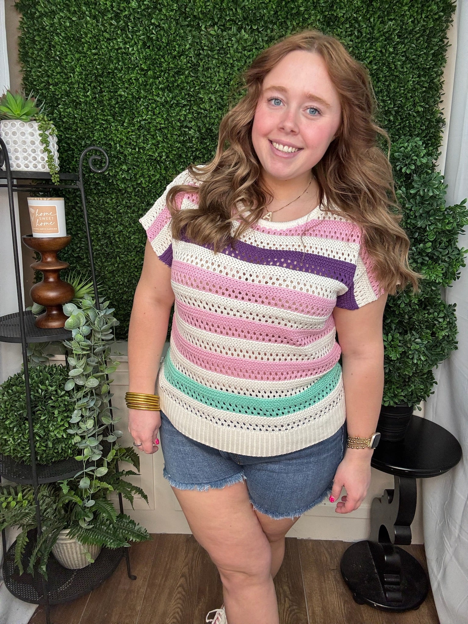 Multi-Stripe Open Knit Short Sleeve Sweater