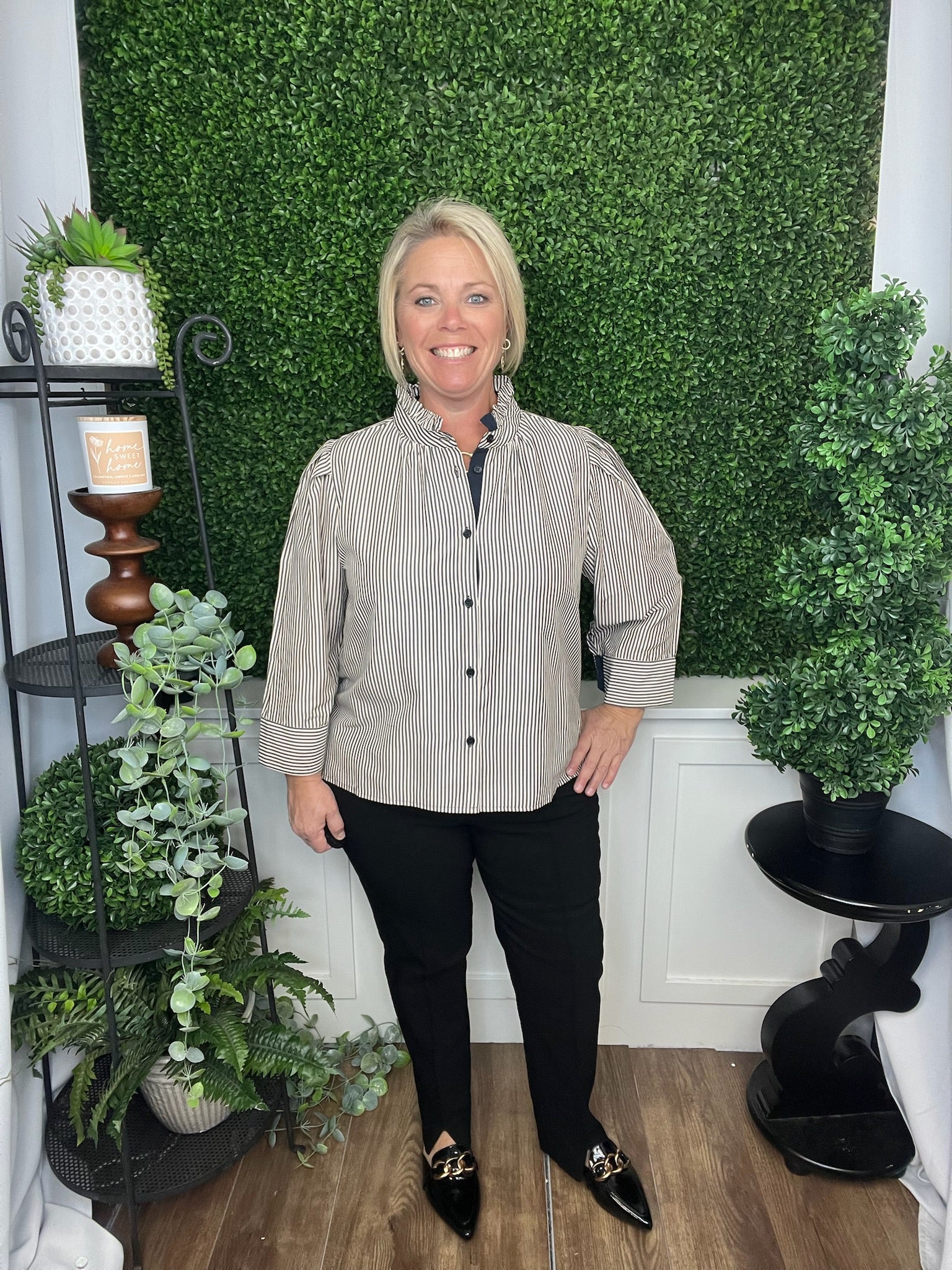 STRIPED 3/4 SLV BUTTON UP TOP - DARK NAVY